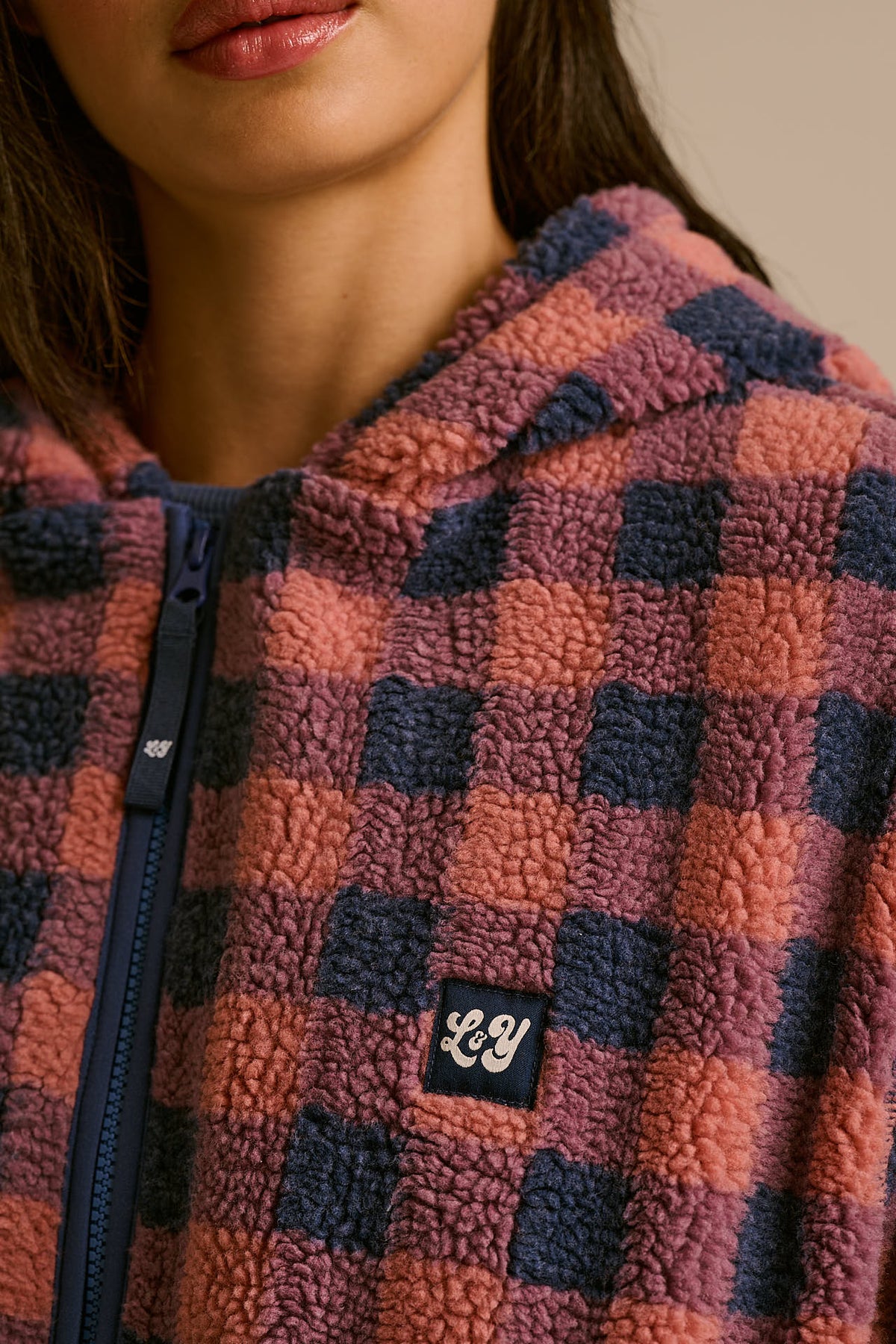 Misha - Borg Fleece Jacket Recycled Polyester in Blue and Pink Check