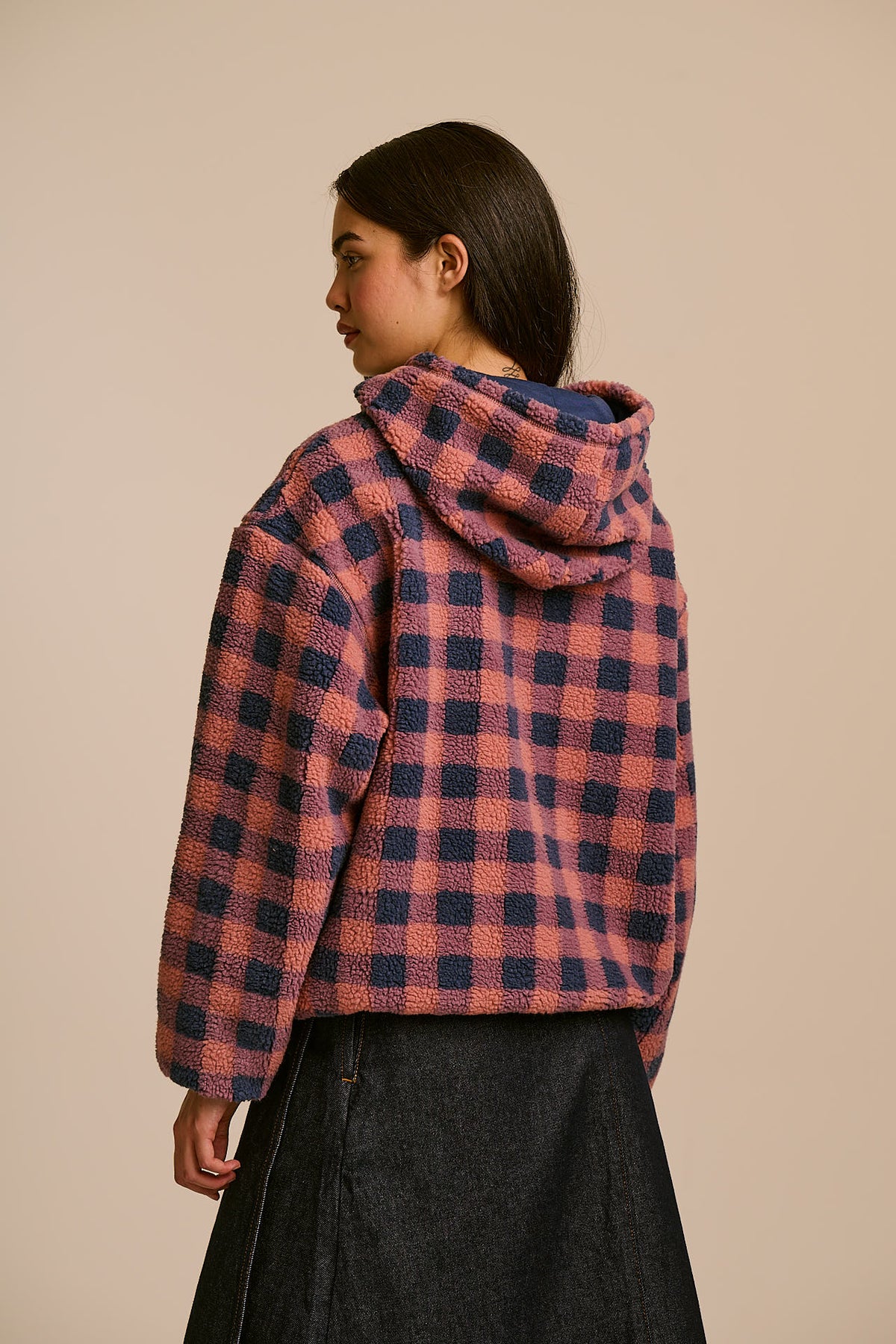 Misha - Borg Fleece Jacket Recycled Polyester in Blue and Pink Check