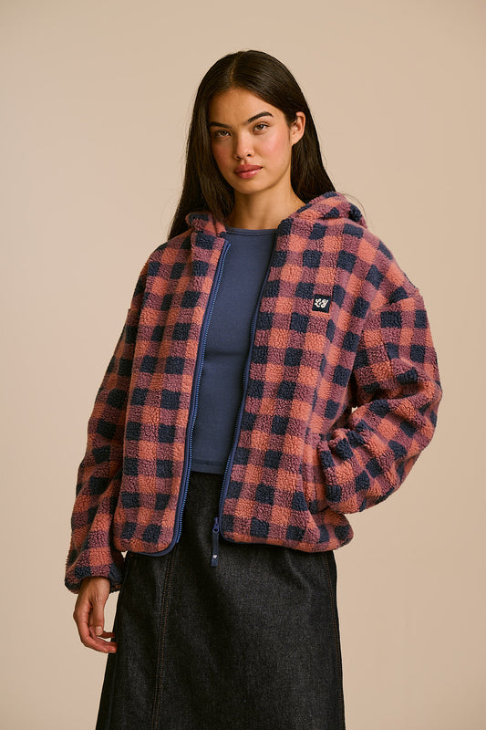 Misha - Borg Fleece Jacket Recycled Polyester in Blue and Pink Check