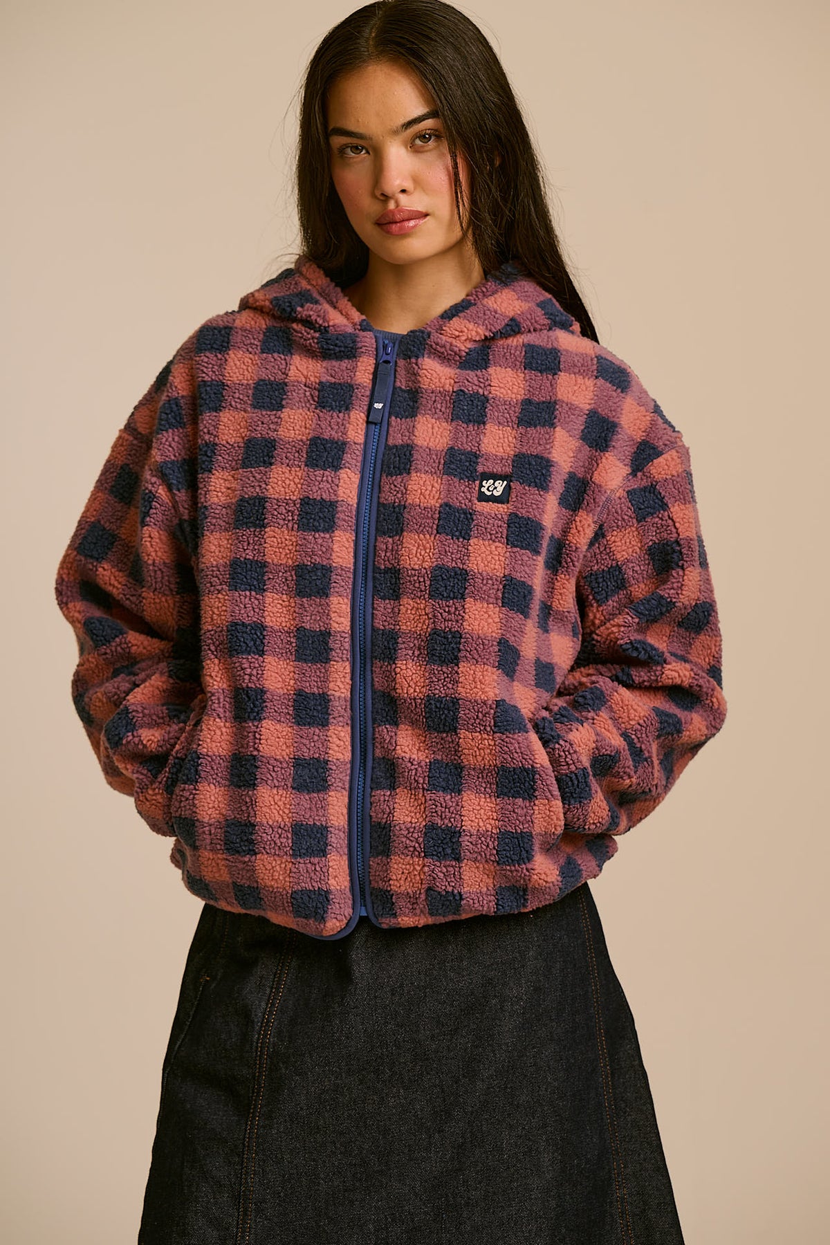 Misha - Borg Fleece Jacket Recycled Polyester in Blue and Pink Check