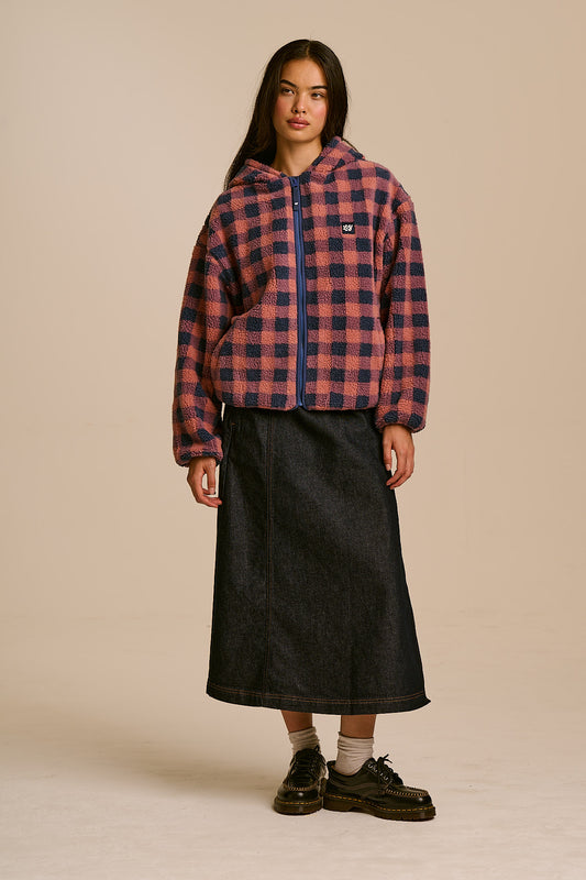 Misha - Borg Fleece Jacket Recycled Polyester in Blue and Pink Check