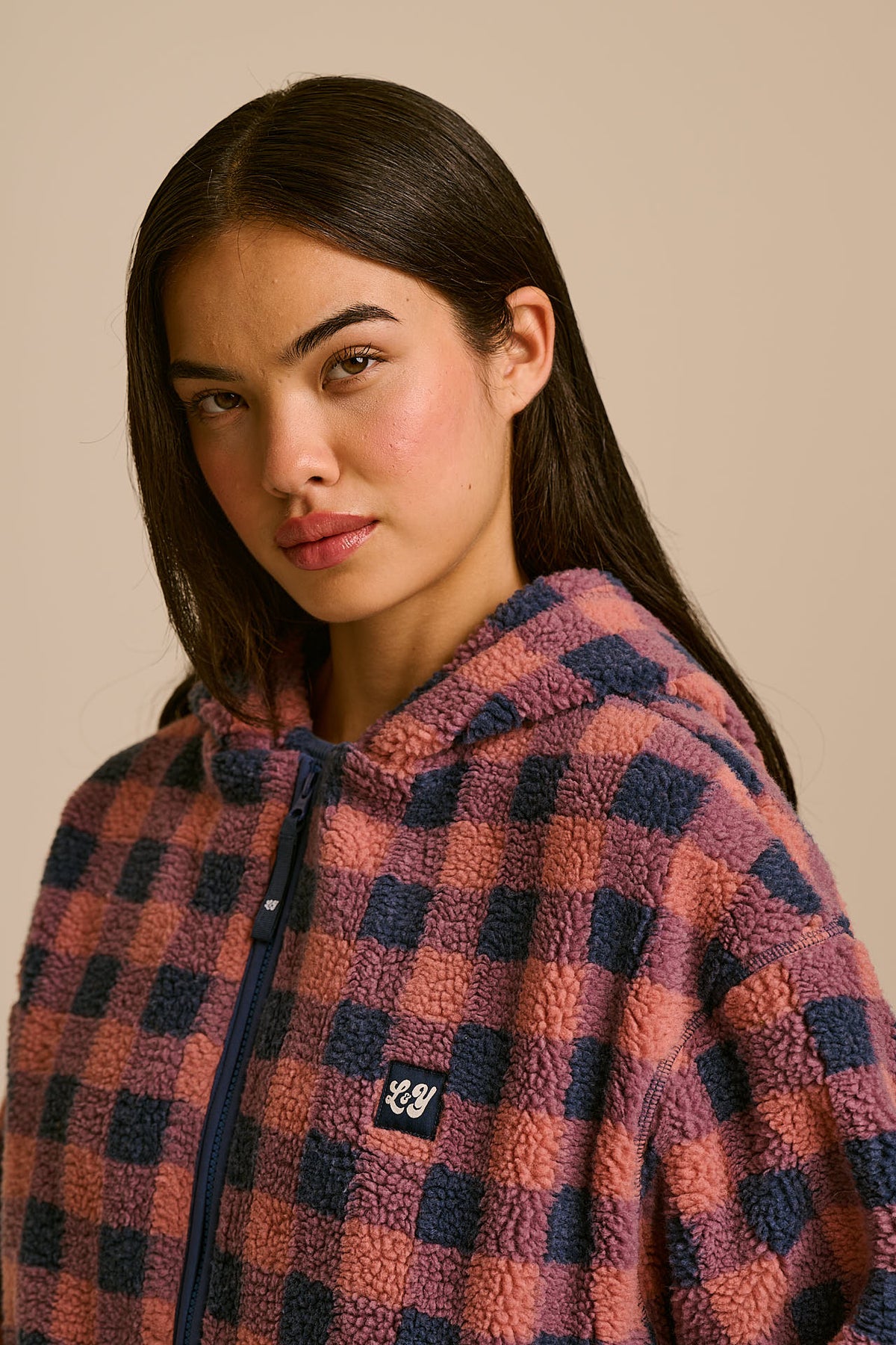 Misha - Borg Fleece Jacket Recycled Polyester in Blue and Pink Check