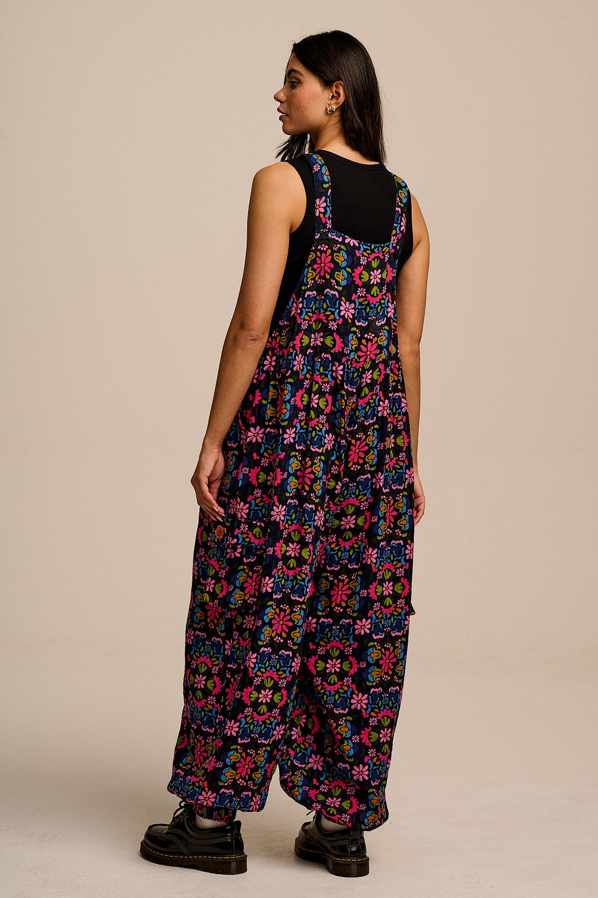 Miyada - Cotton Balloon Leg Dungarees in Blue Artisan Floral Patchwork