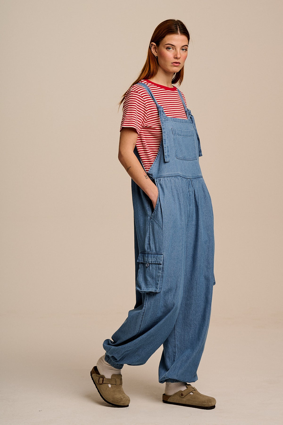 Miyada - Cuffed Leg Dungarees Organic Cotton Denim in Light Wash Blue