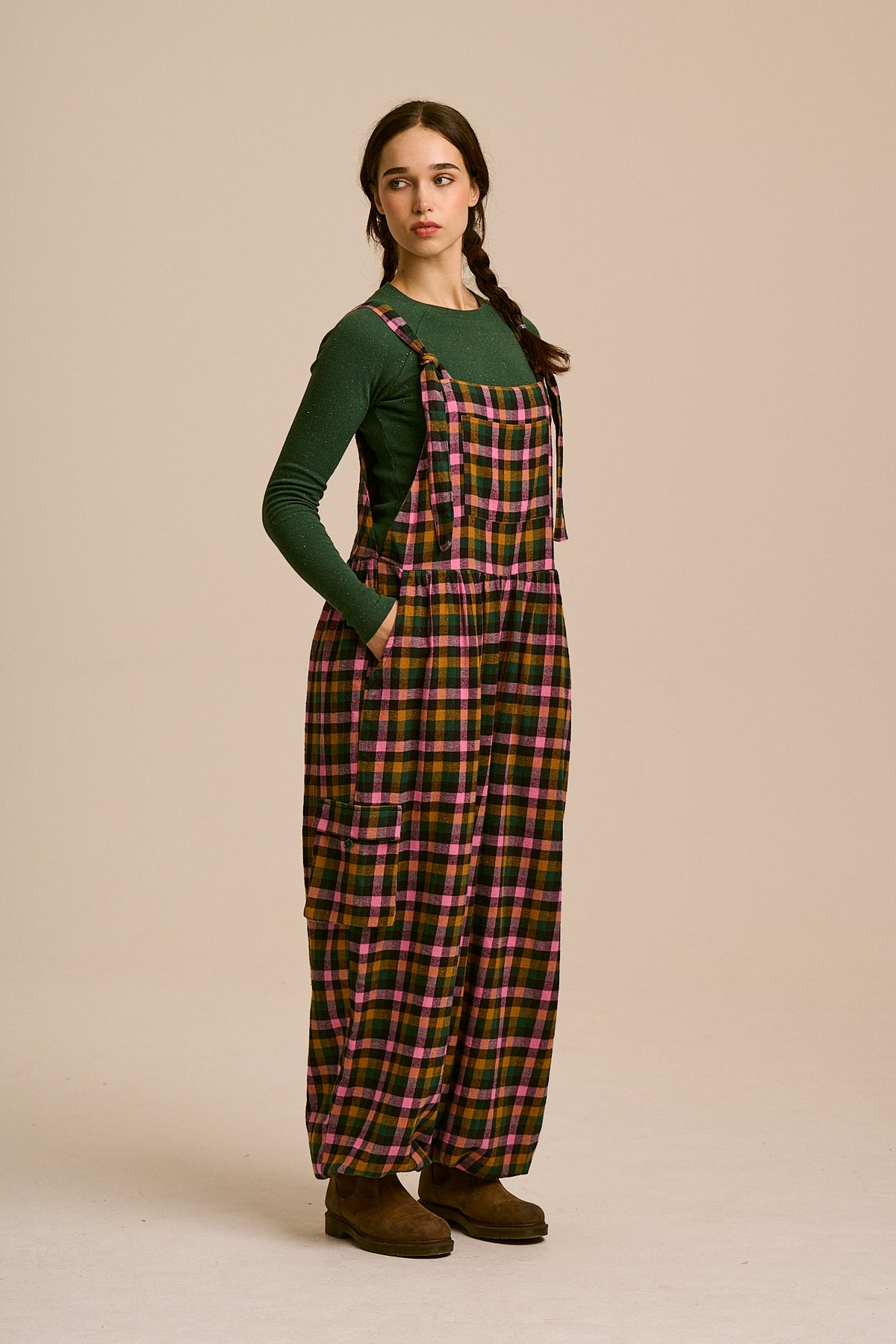 Miyada - Cuffed Leg Dungarees Organic Brushed Cotton in Botanist Gingham