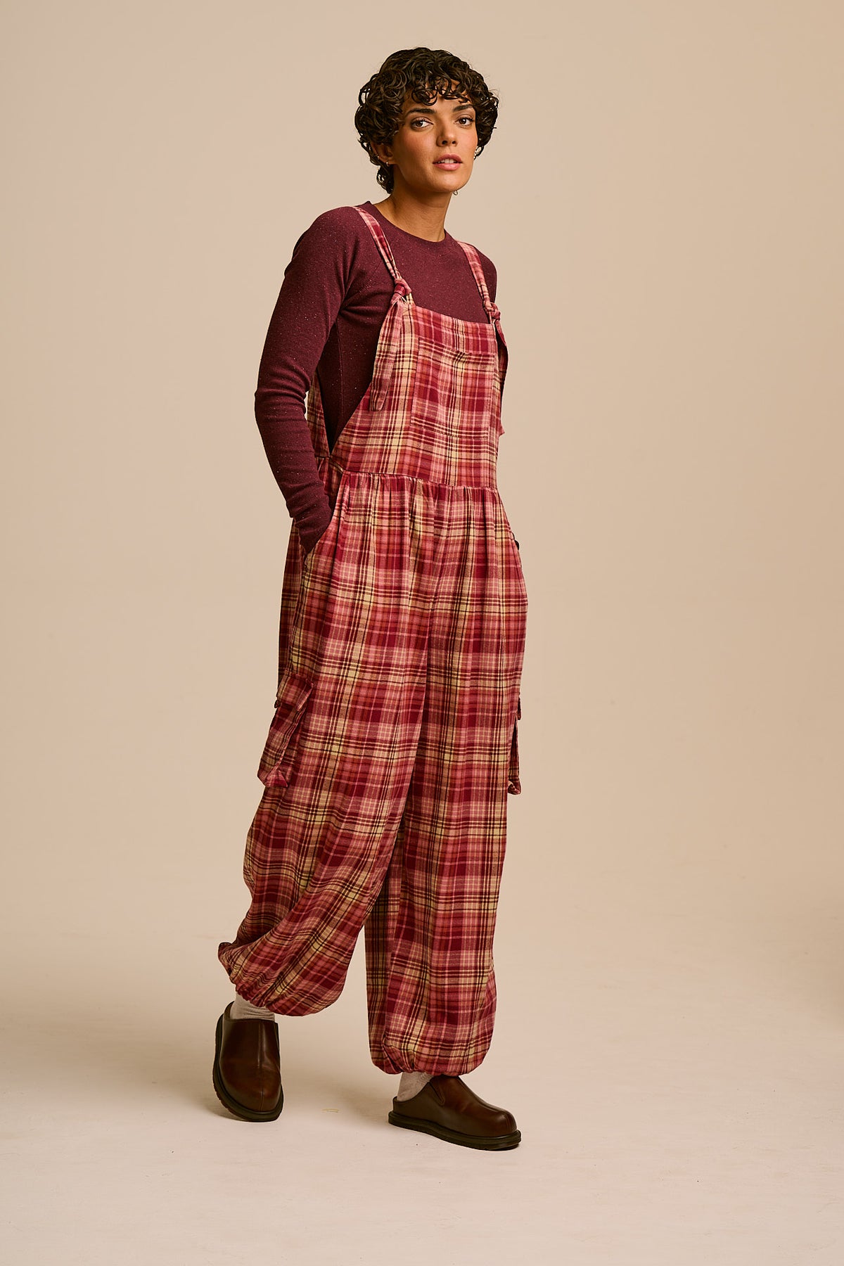 Miyada - Cuffed Leg Dungarees Organic Brushed Cotton in Pink and Red Check