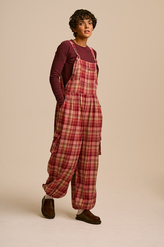 Miyada - Cuffed Leg Dungarees Organic Brushed Cotton in Pink and Red Check