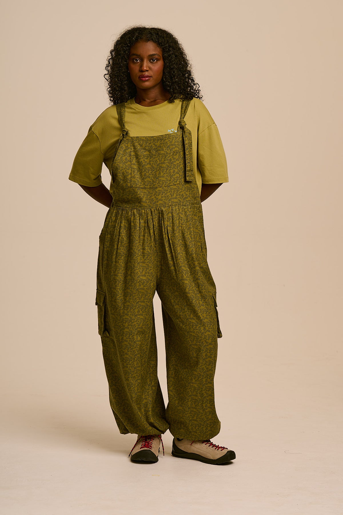 Miyada - Cuffed Leg Dungarees Organic Brushed Cotton in Green Palace Ditsy Floral