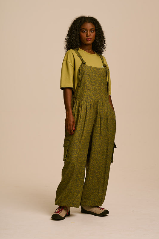 Miyada - Cuffed Leg Dungarees Organic Brushed Cotton in Green Palace Ditsy Floral