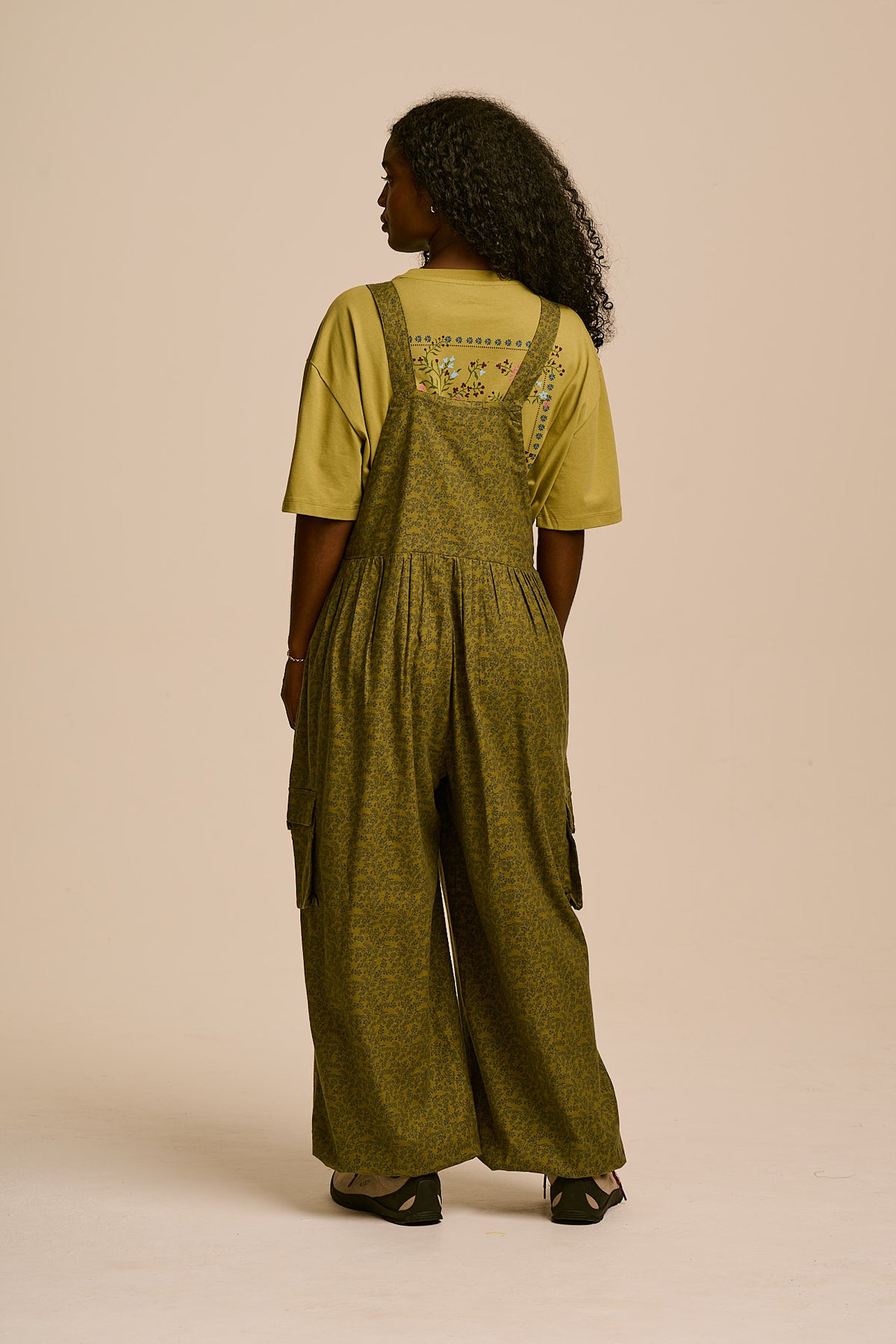 Miyada - Cuffed Leg Dungarees Organic Brushed Cotton in Green Palace Ditsy Floral
