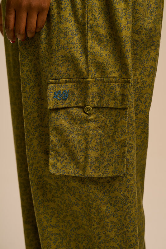 Miyada - Cuffed Leg Dungarees Organic Brushed Cotton in Green Palace Ditsy Floral