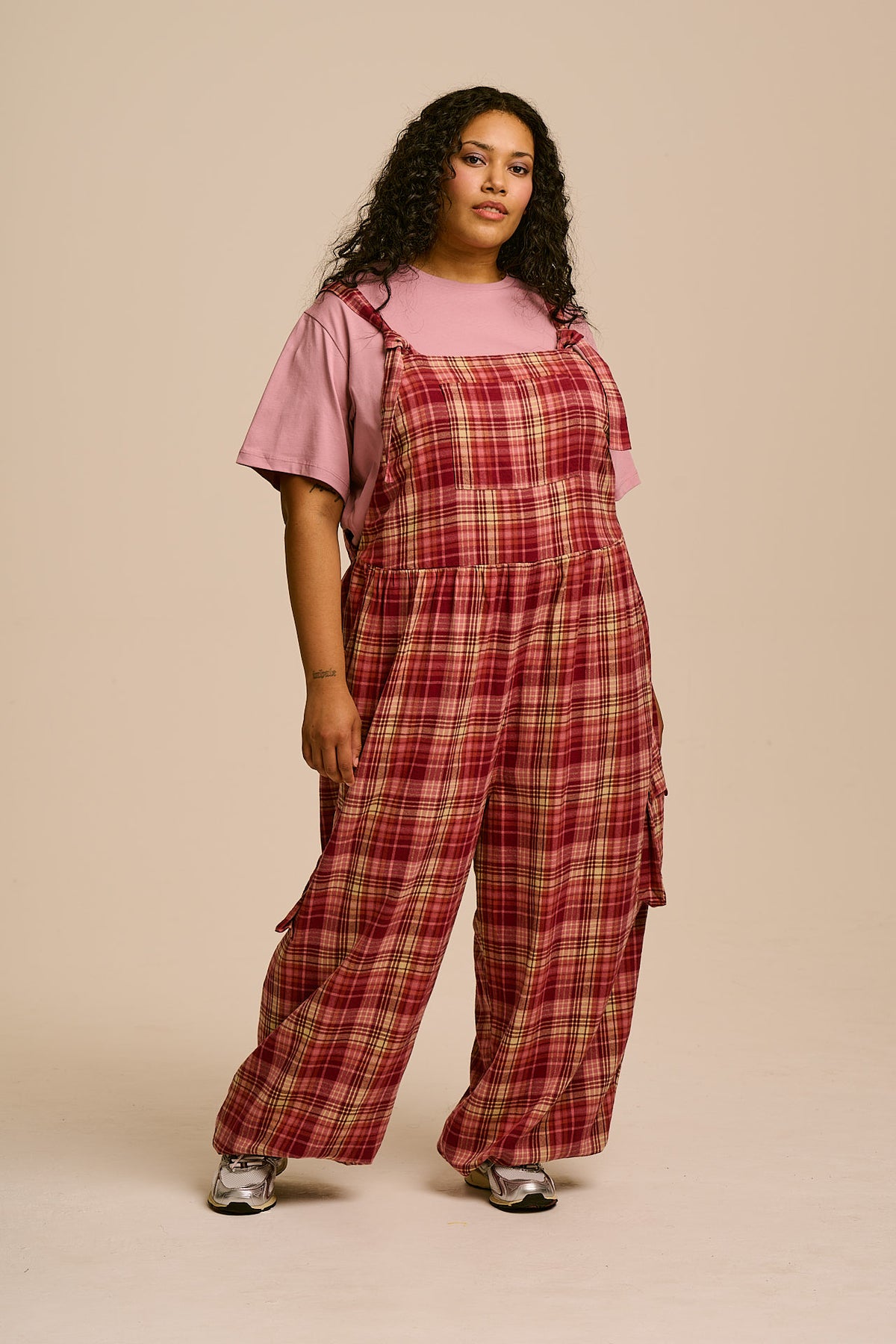 Miyada - Cuffed Leg Dungarees Organic Brushed Cotton in Pink and Red Check