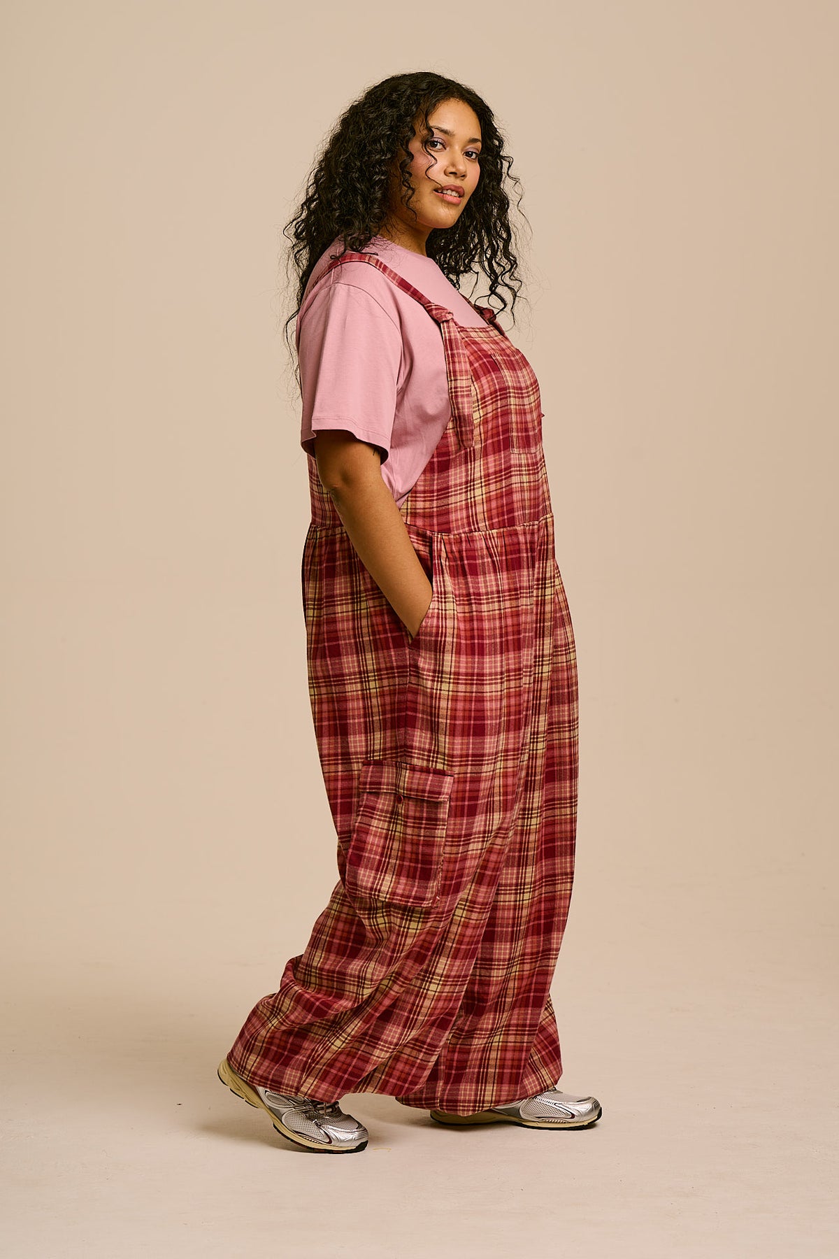 Miyada - Cuffed Leg Dungarees Organic Brushed Cotton in Pink and Red Check