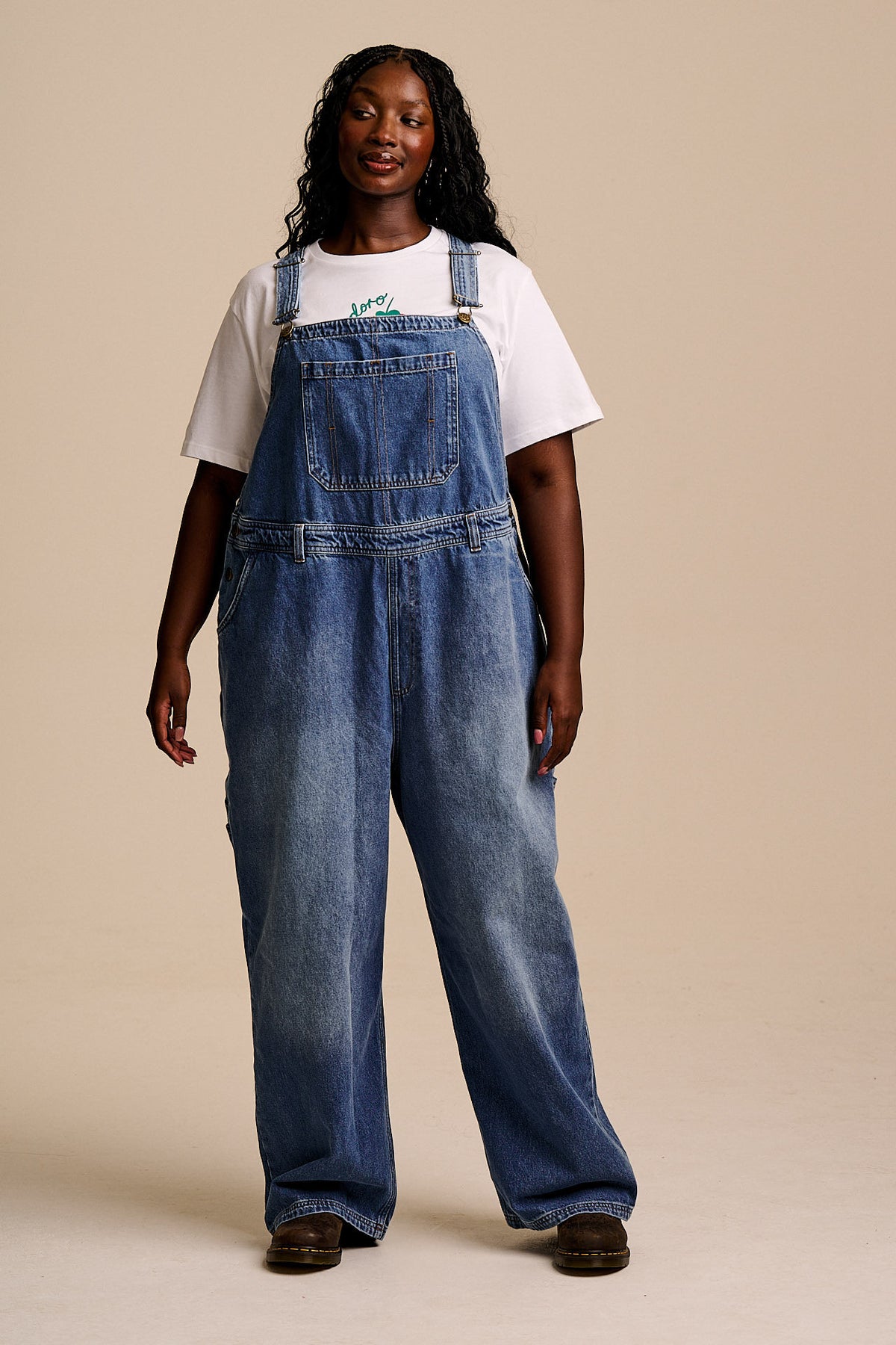 Mullen - Denim Dungarees in Midwash with Metal Clasps