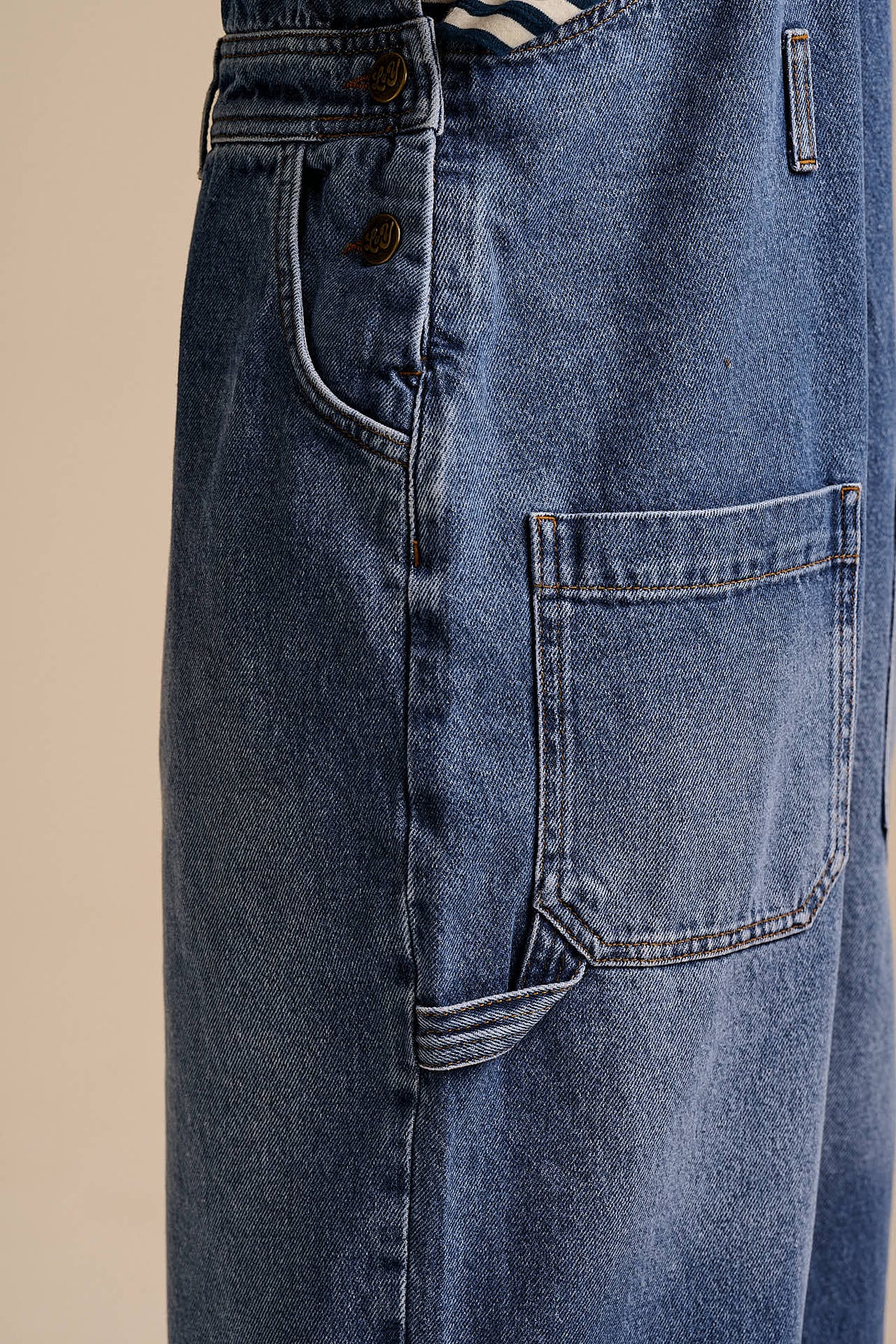 Mullen - Denim Dungarees in Midwash with Metal Clasps