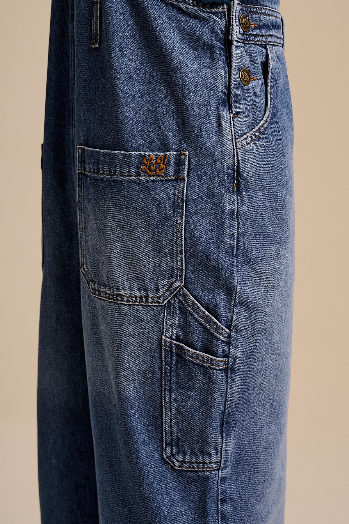 Mullen - Denim Dungarees in Midwash with Metal Clasps