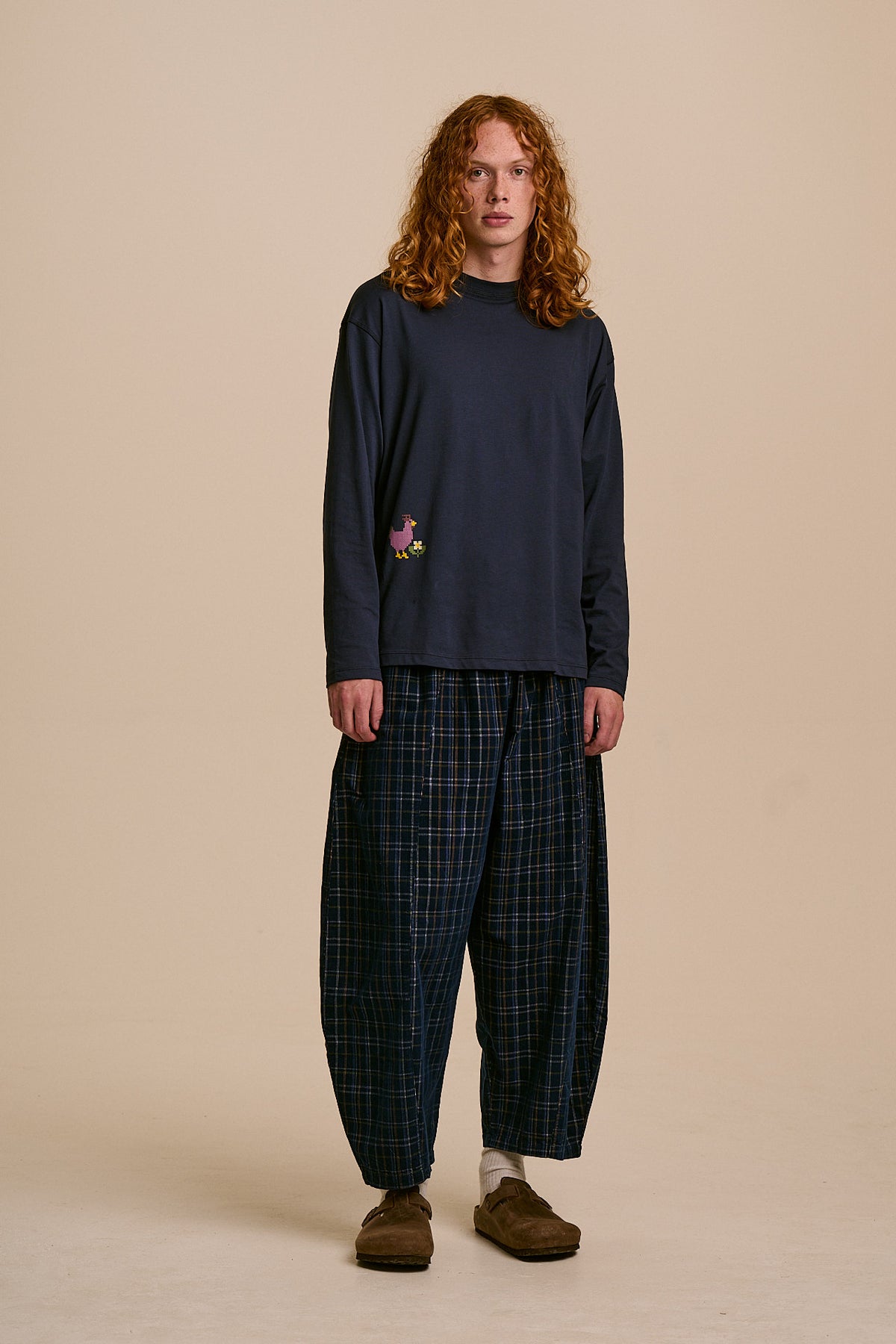 Murat - Long Sleeve T-Shirt Organic Cotton in Navy Cross Stitch Print