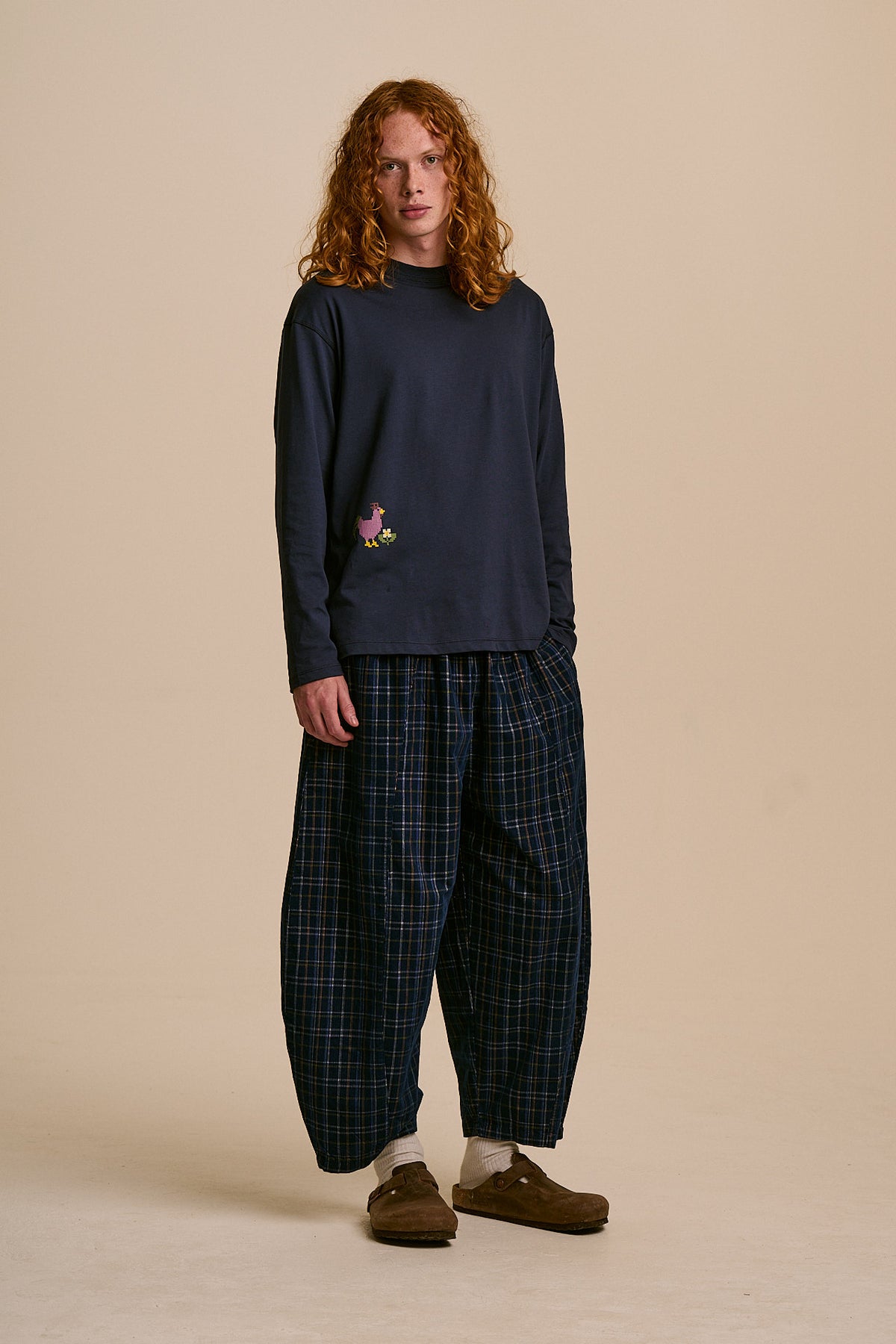 Murat - Long Sleeve T-Shirt Organic Cotton in Navy Cross Stitch Print