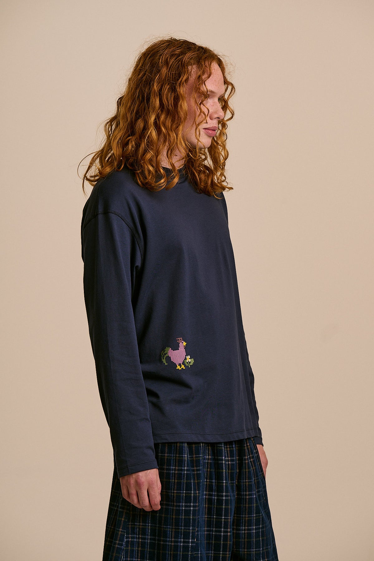 Murat - Long Sleeve T-Shirt Organic Cotton in Navy Cross Stitch Print