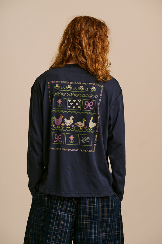 Murat - Long Sleeve T-Shirt Organic Cotton in Navy Cross Stitch Print