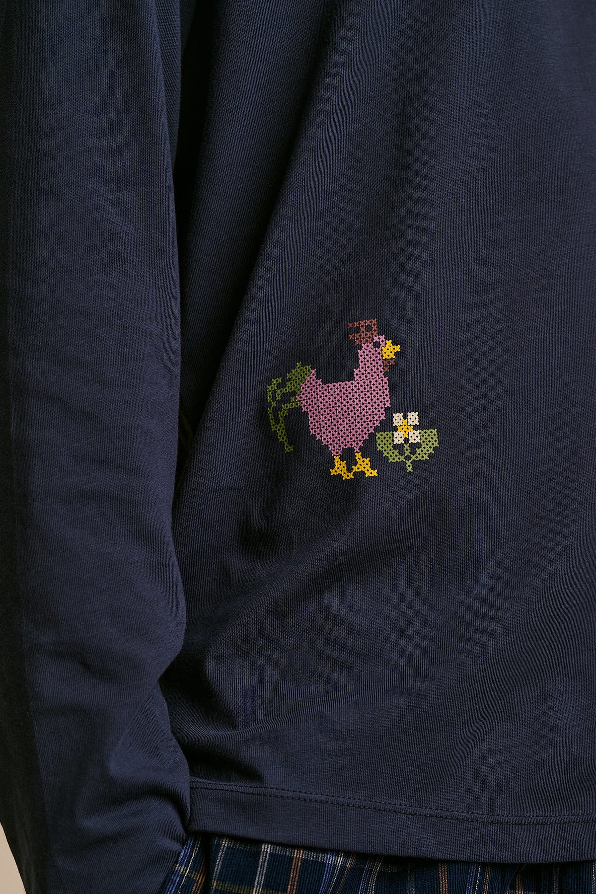 Murat - Long Sleeve T-Shirt Organic Cotton in Navy Cross Stitch Print