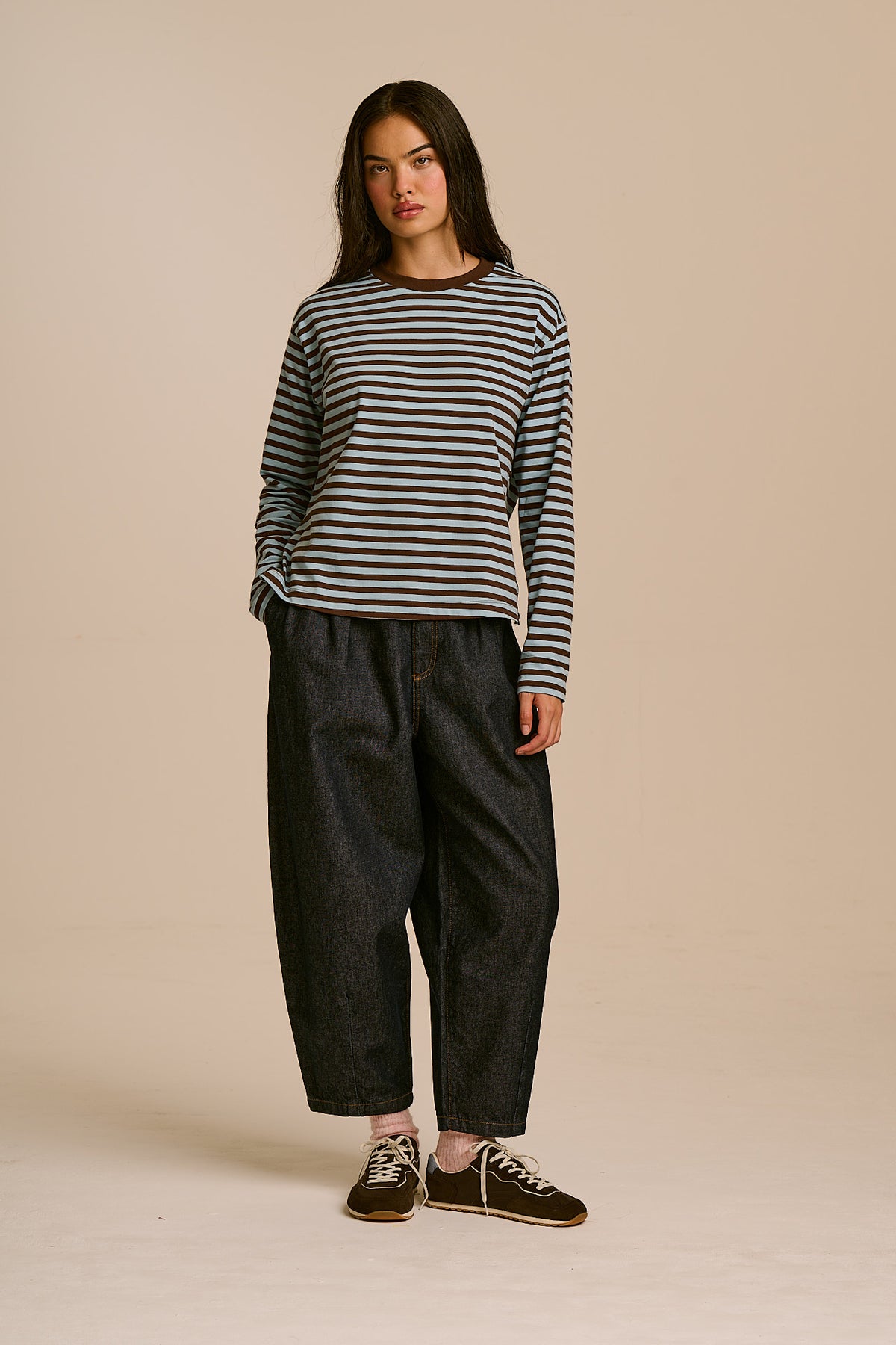 Mysen - Long Sleeve T-Shirt Organic Cotton in Chocolate and Blue Stripe