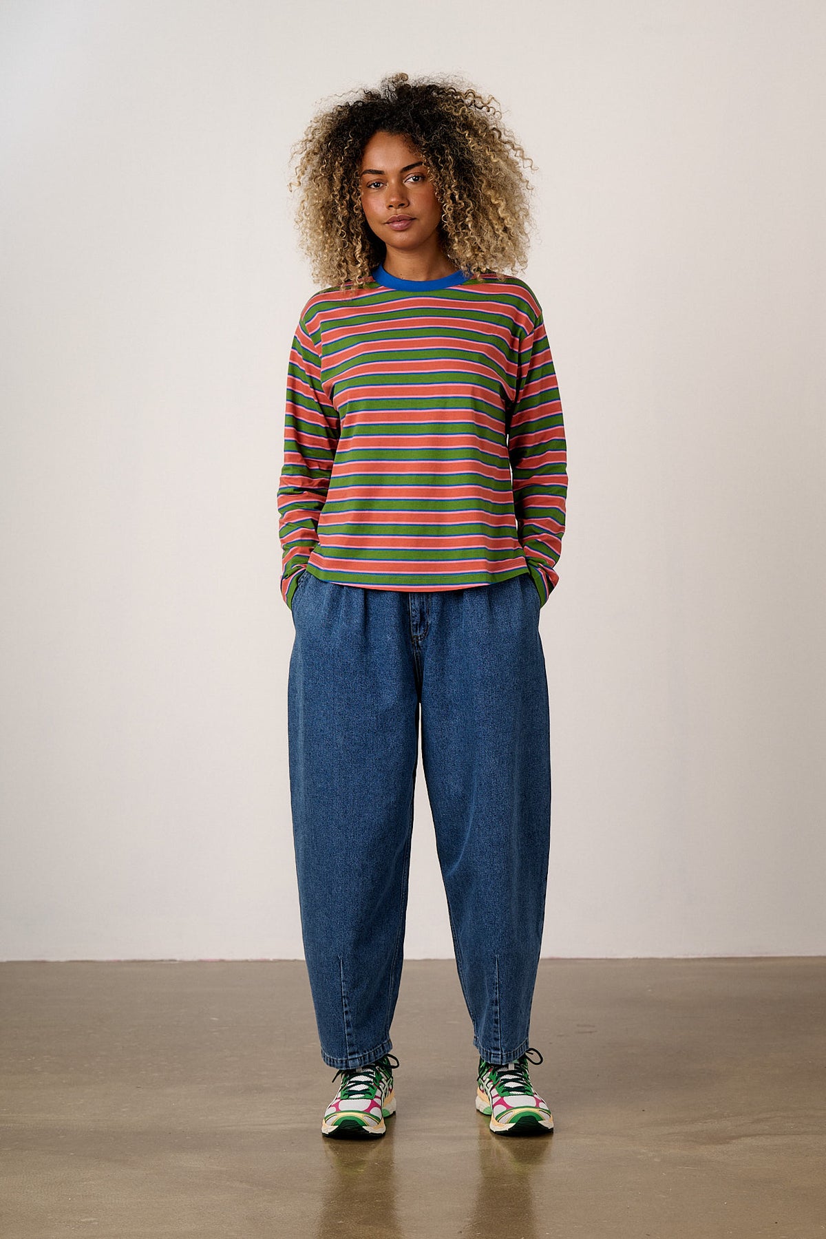 Mysen - Long Sleeve Cotton T-Shirt in Green Stripe