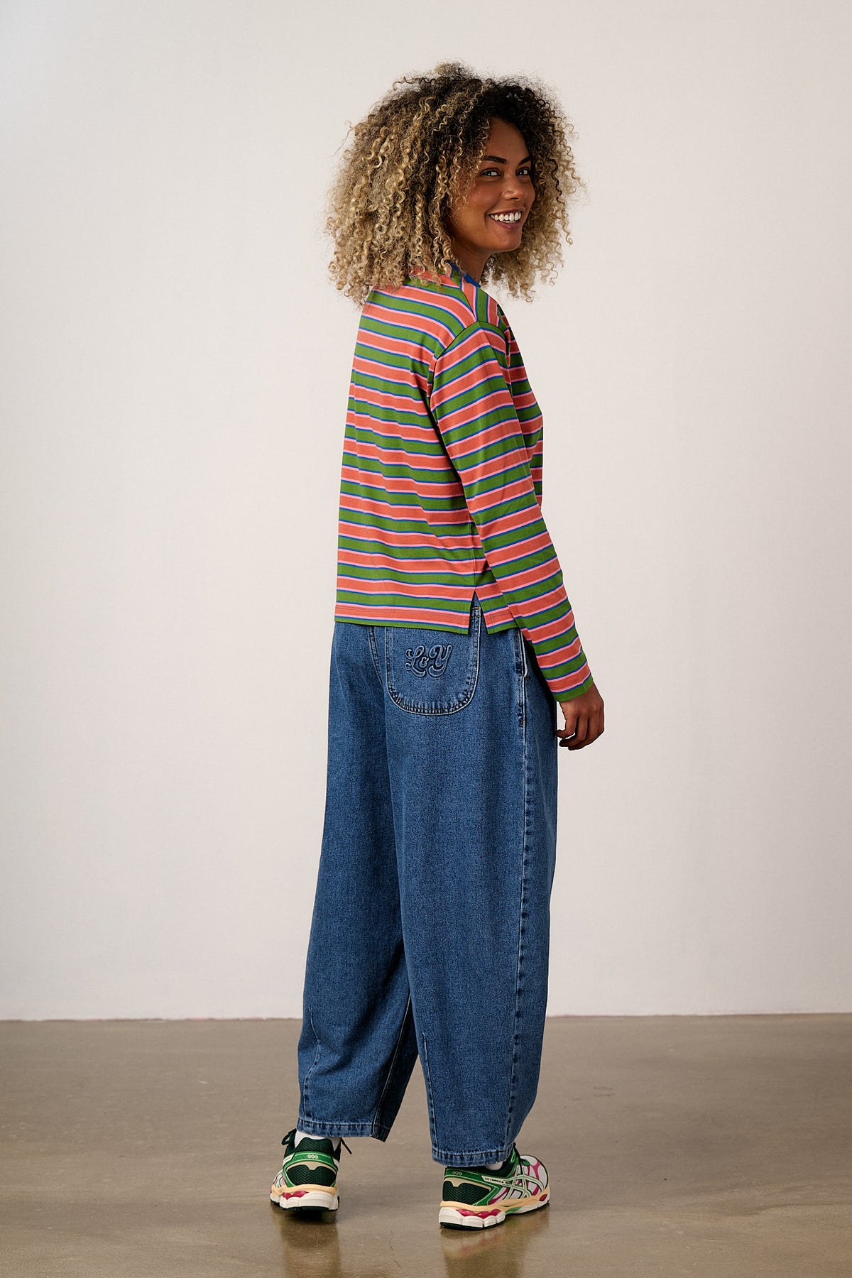 Mysen - Long Sleeve Cotton T-Shirt in Green Stripe