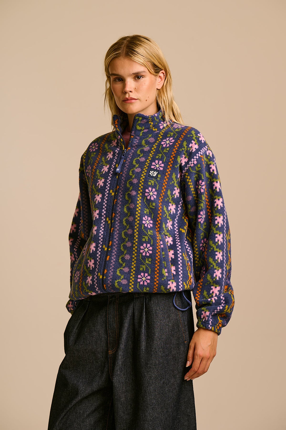 Nicks - Full Zip Polar Fleece in Navy Folk Floral