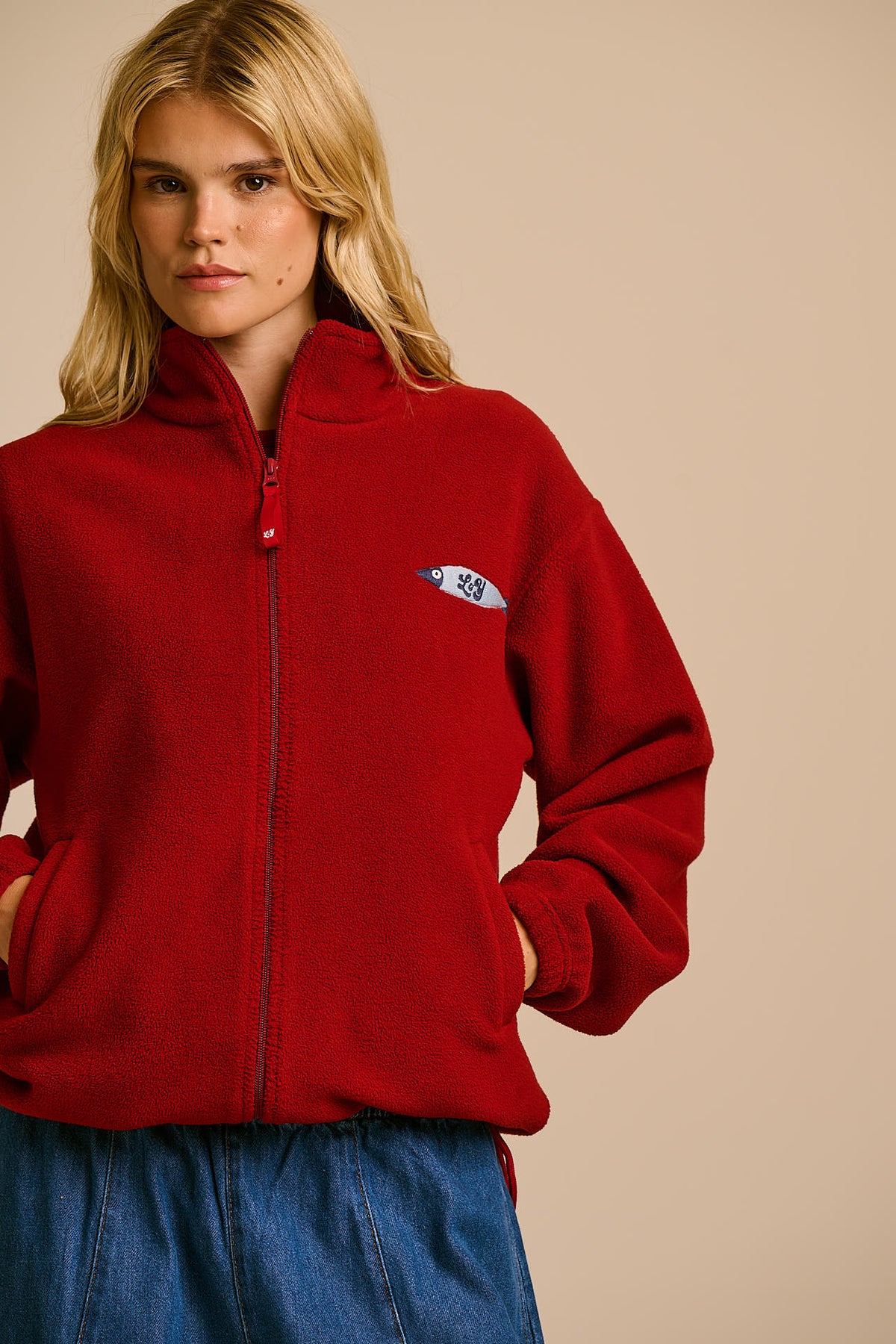 Nicks - Full Zip Fleece Recycled Polyester in Red Dahlia with Fish