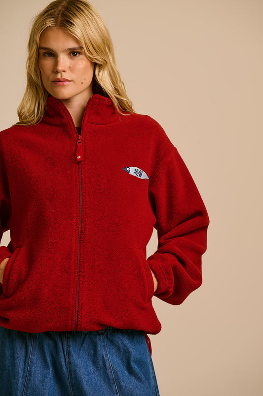 Nicks - Full Zip Fleece Recycled Polyester in Red Dahlia with Fish