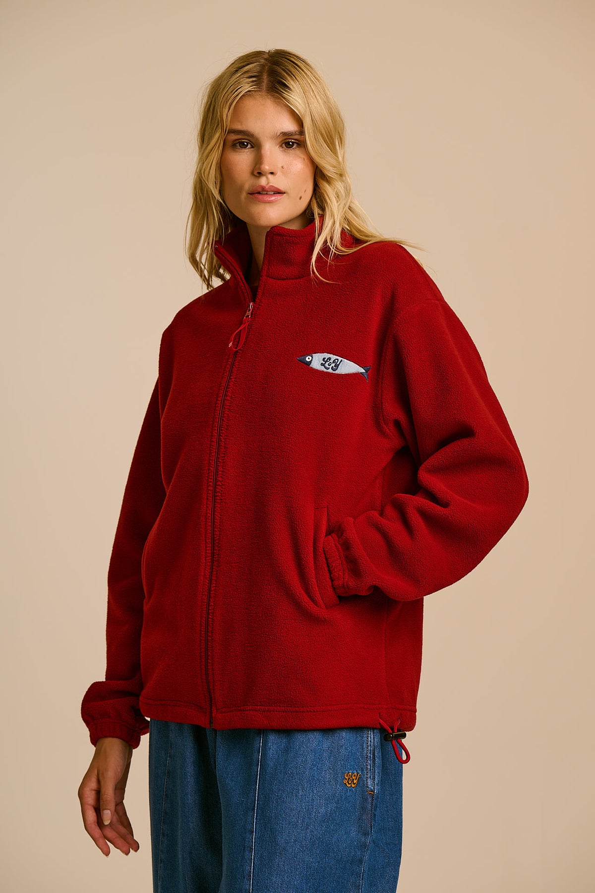 Nicks - Full Zip Fleece Recycled Polyester in Red Dahlia with Fish