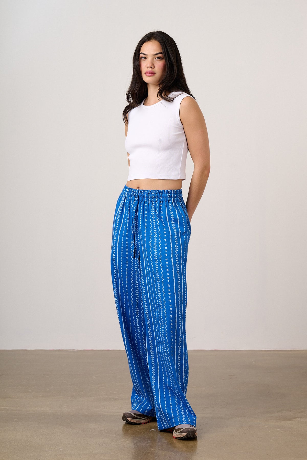Norris - Wide Leg Trousers - Organic Cotton in Blue & White Folk Stripe