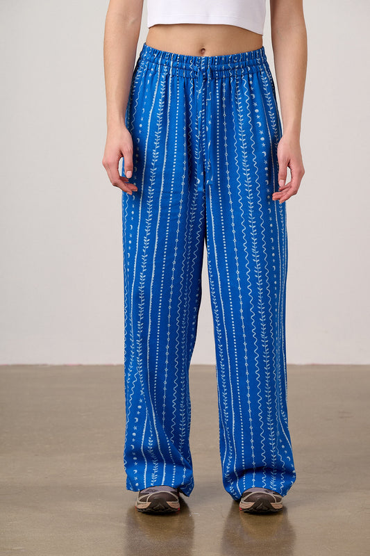 Norris - Wide Leg Trousers - Organic Cotton in Blue & White Folk Stripe