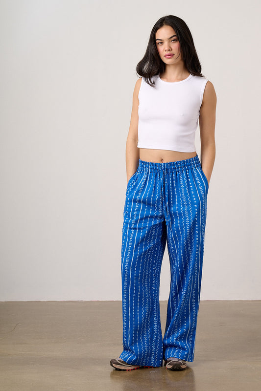 Norris - Wide Leg Trousers - Organic Cotton in Blue & White Folk Stripe