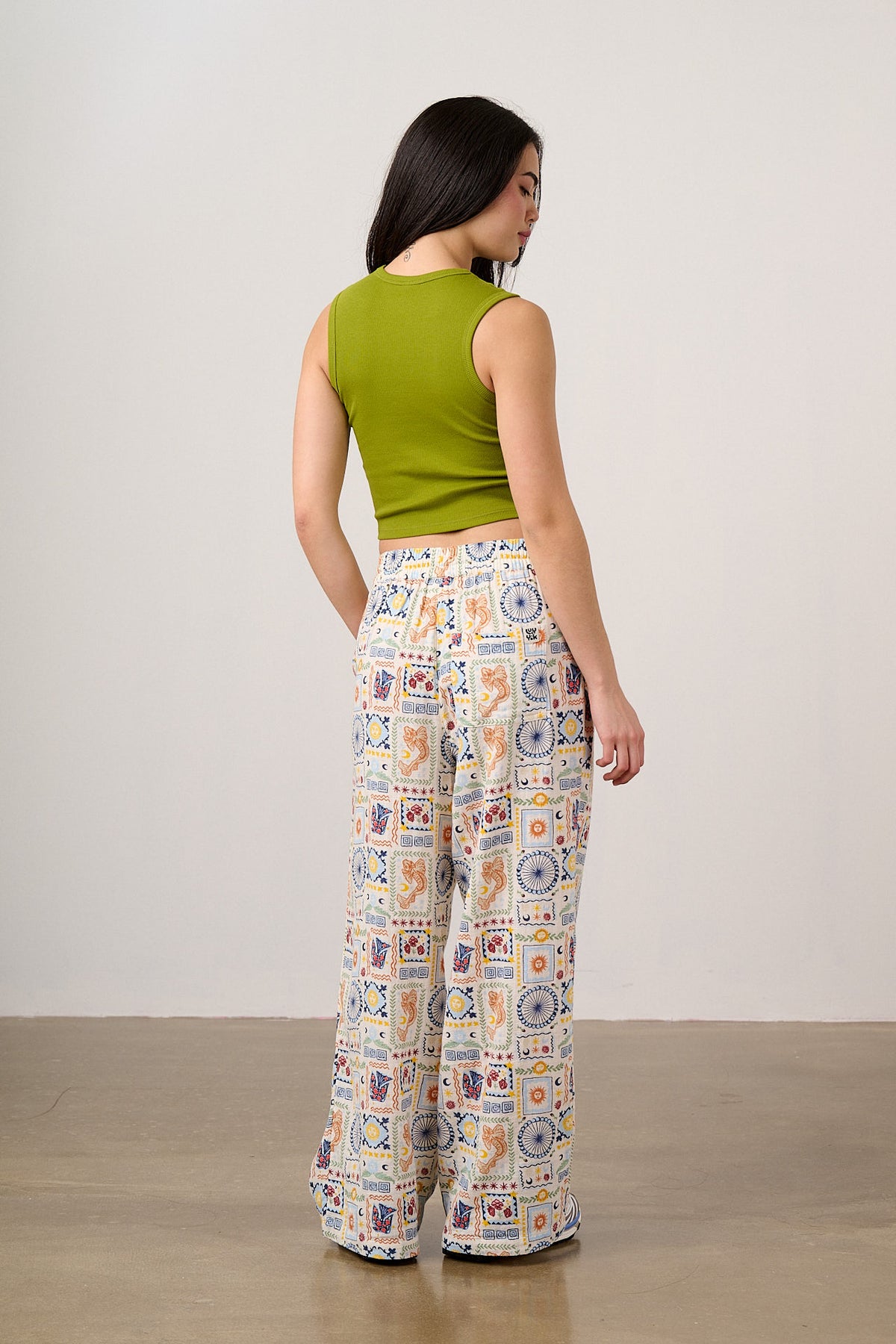 Norris - Wide Leg Trousers Organic Cotton Double Gauze in Ecru Cosmic Folk Tile