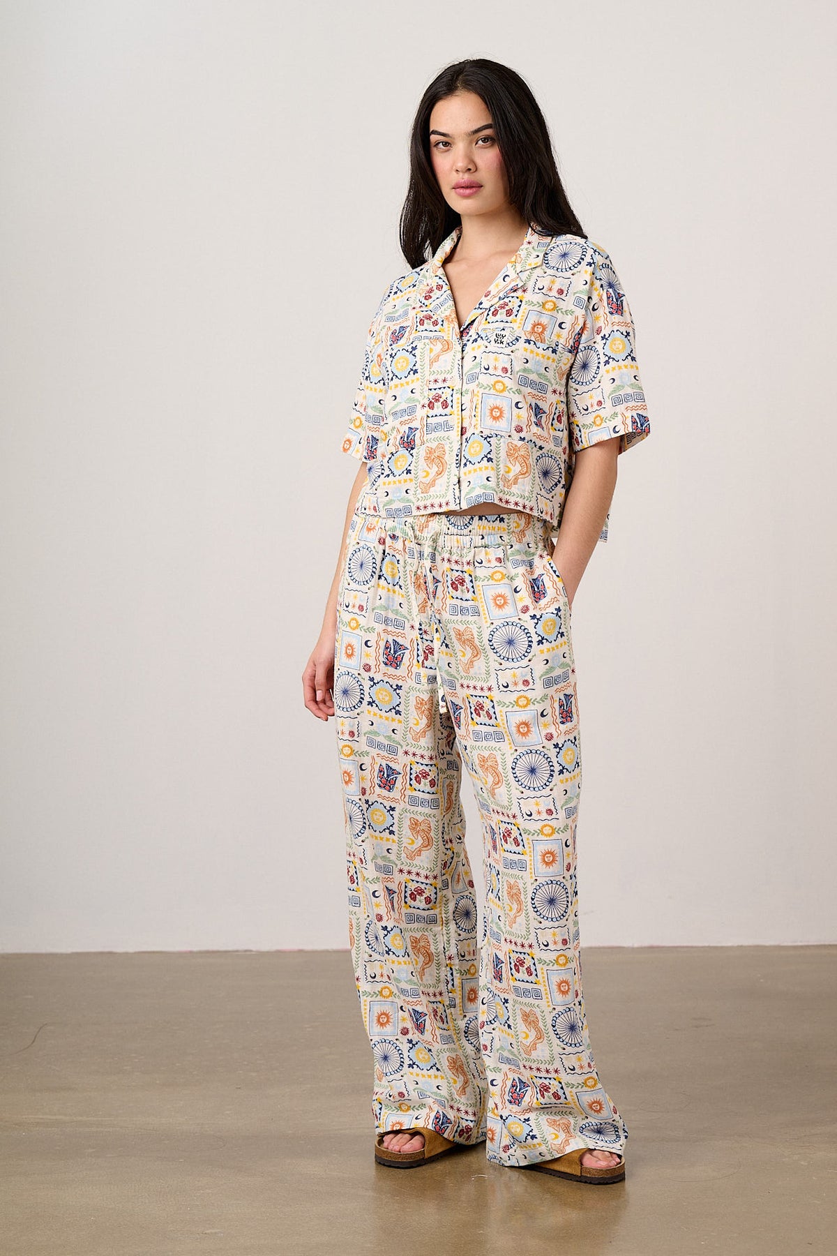 Norris - Wide Leg Trousers Organic Cotton Double Gauze in Ecru Cosmic Folk Tile