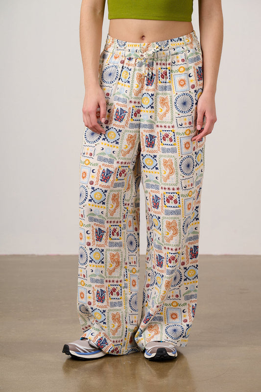 Norris - Wide Leg Trousers Organic Cotton Double Gauze in Ecru Cosmic Folk Tile
