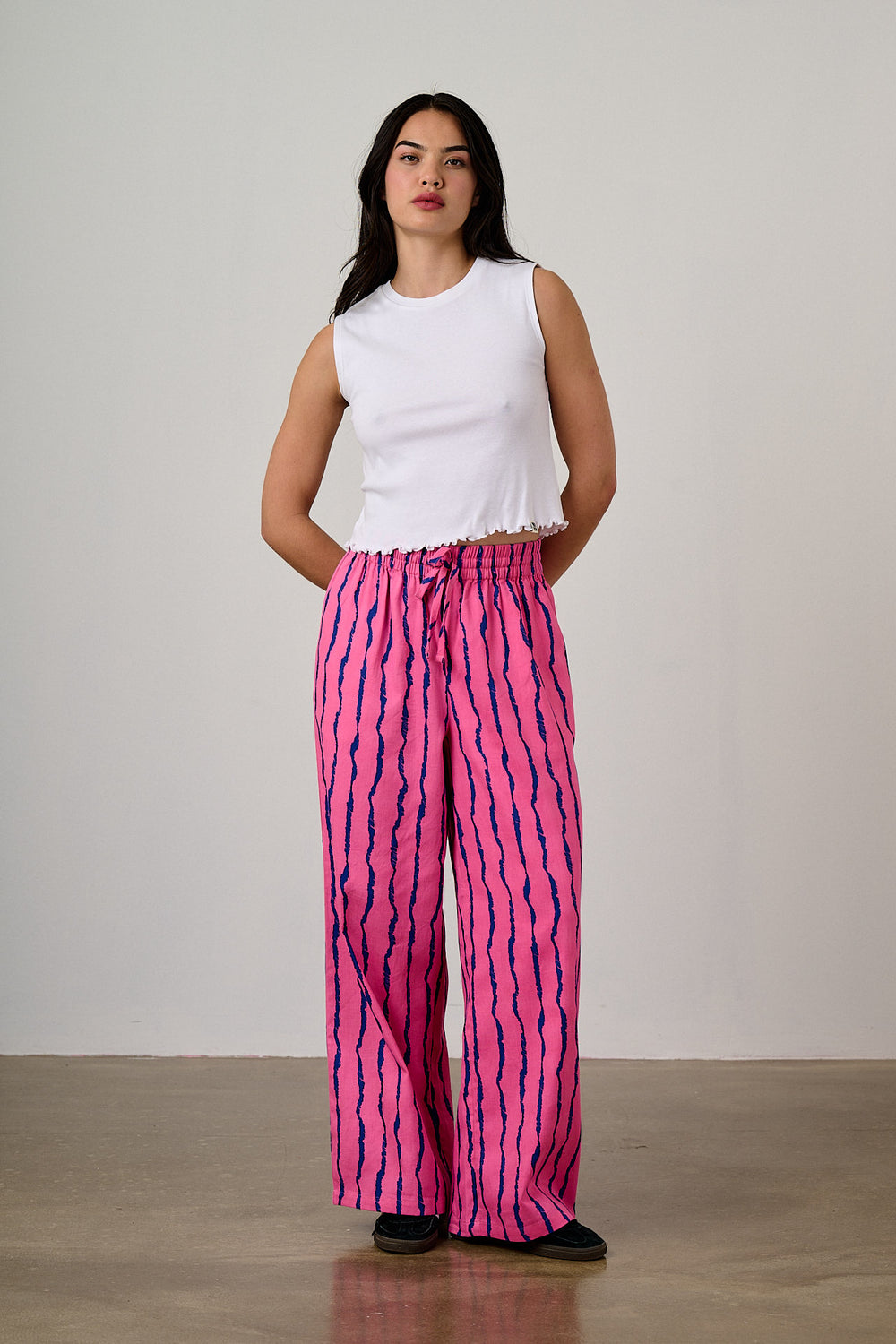 Norris - Wide Leg Trousers Organic Cotton in Pink & Blue Wavy Stripe