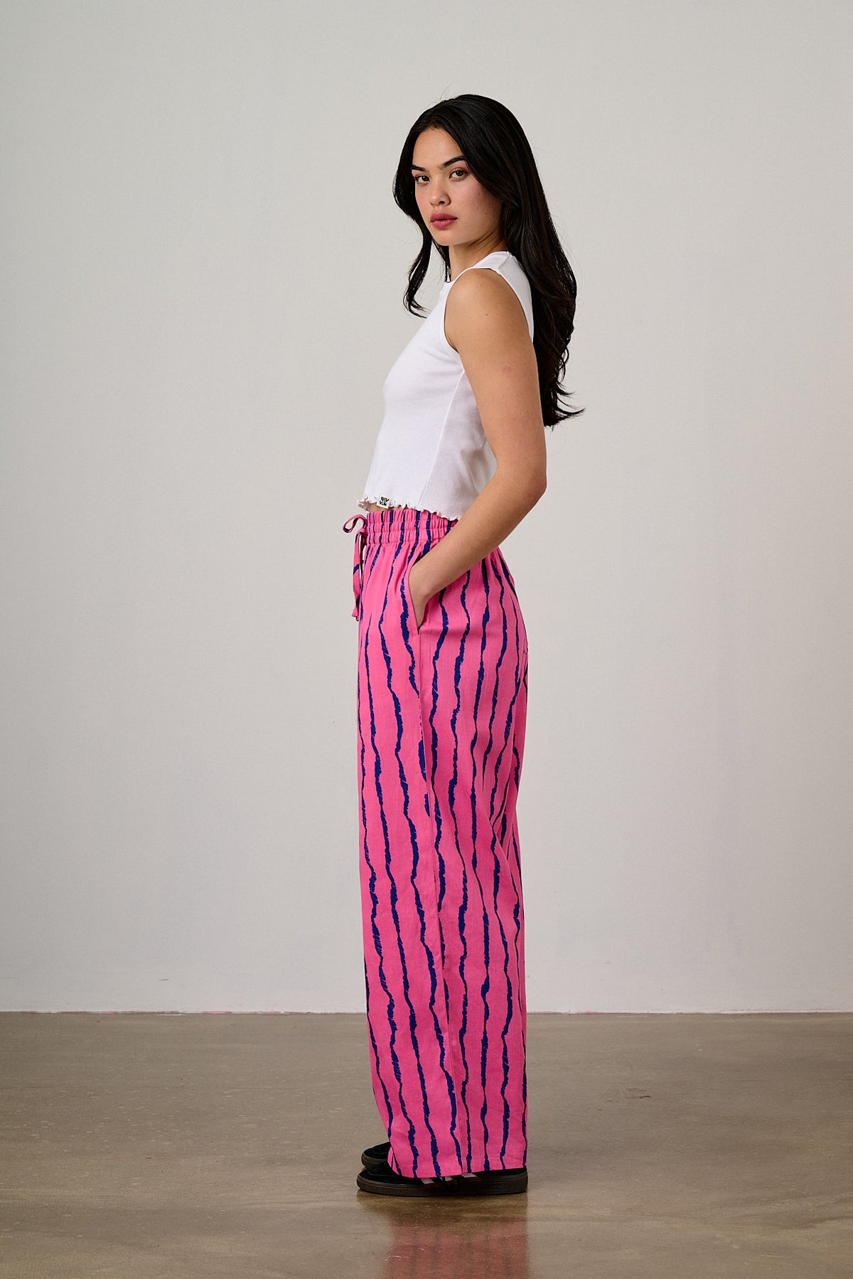 Norris - Wide Leg Trousers Organic Cotton in Pink & Blue Wavy Stripe
