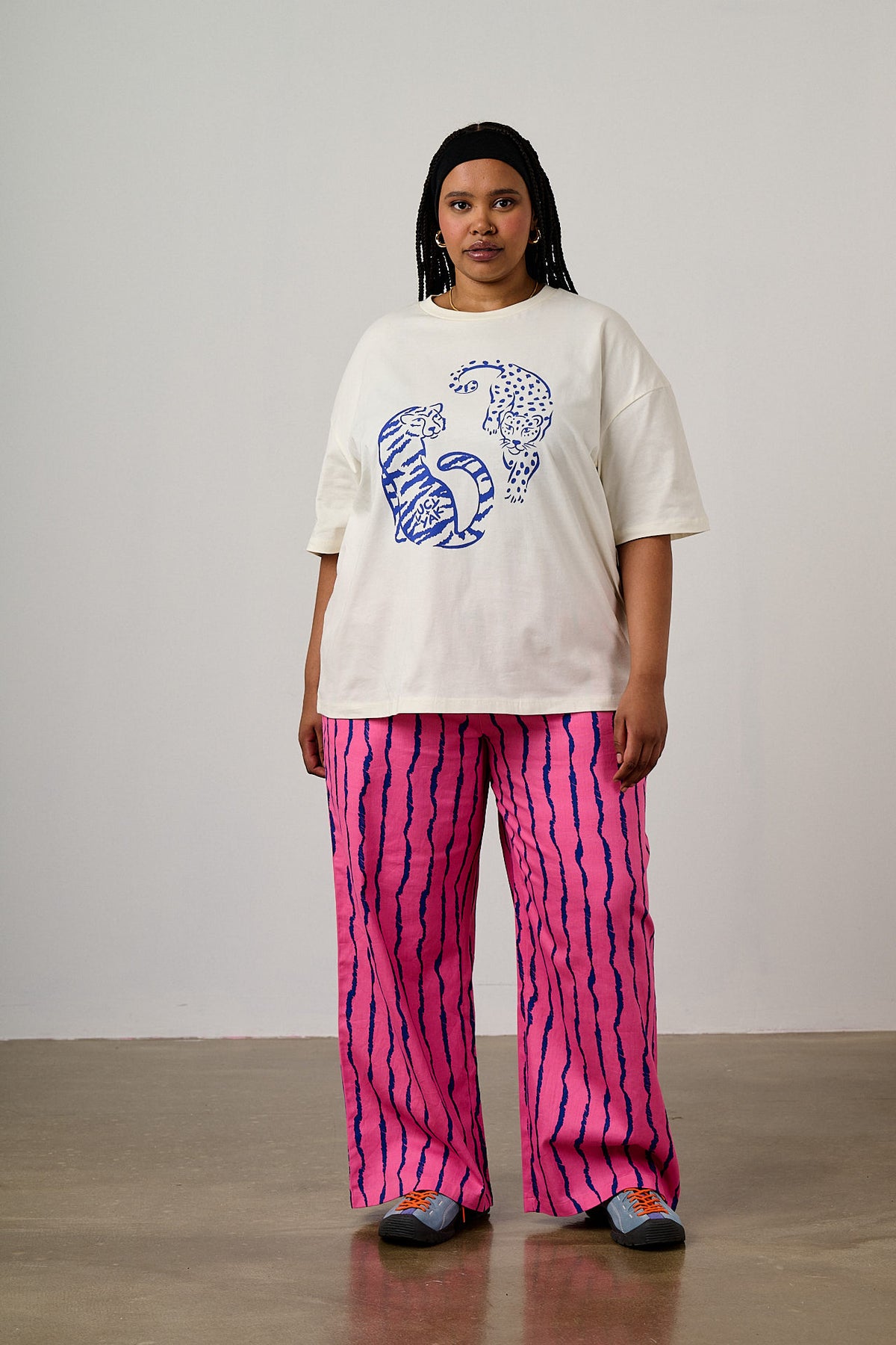 Norris - Wide Leg Trousers Organic Cotton in Pink & Blue Wavy Stripe