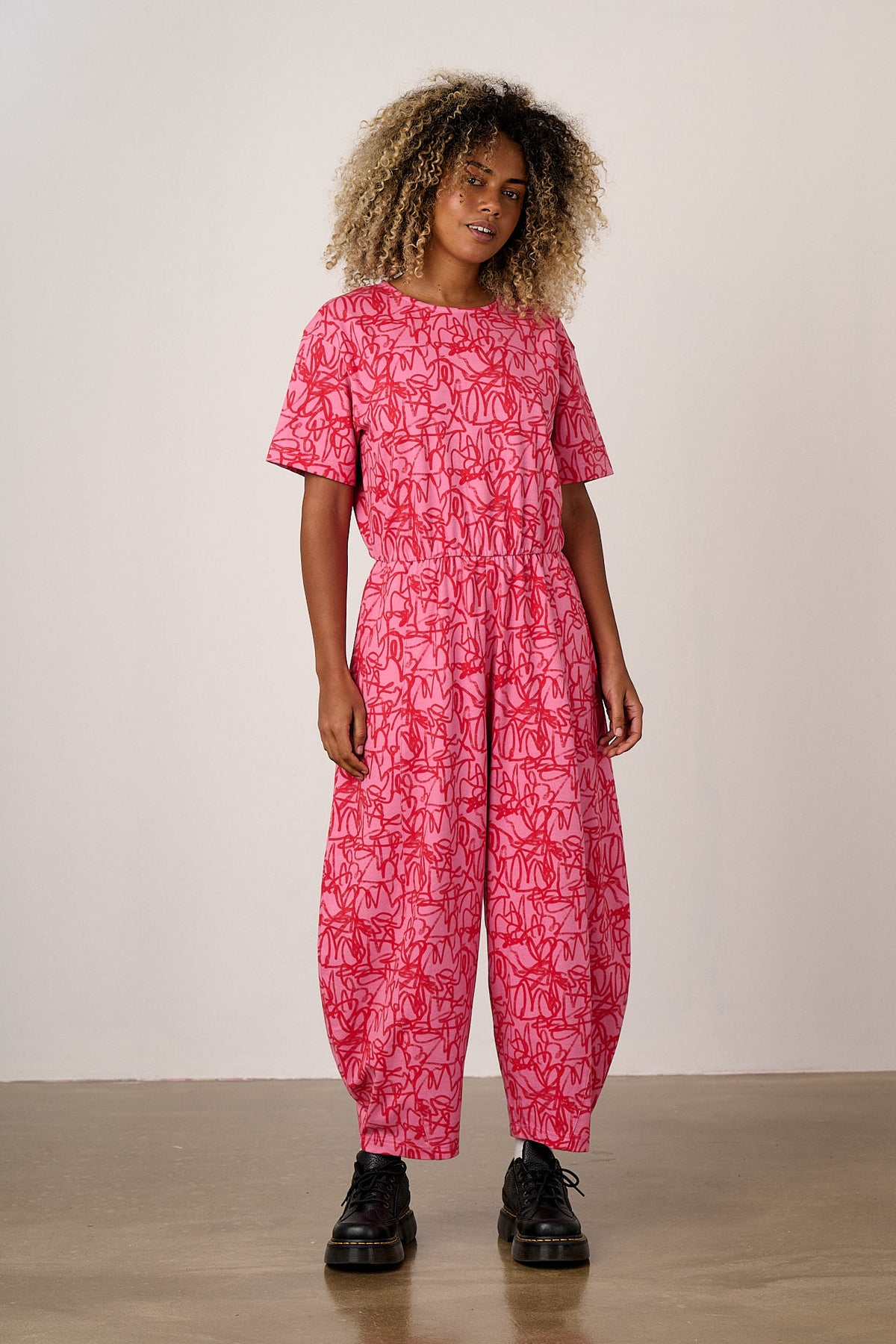 Nova - Barrel Leg Jumpsuit Organic Cotton Jersey in Pink Graffiti
