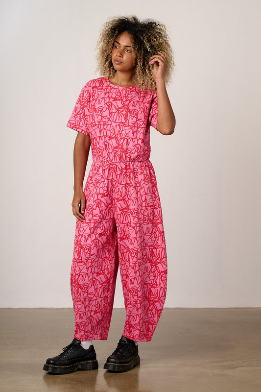 Nova - Barrel Leg Jumpsuit Organic Cotton Jersey in Pink Graffiti