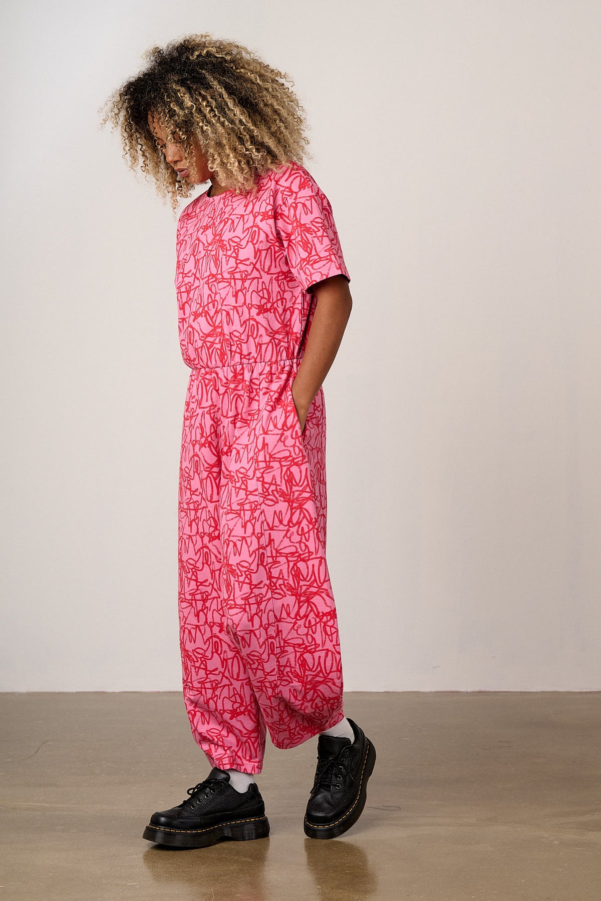Nova - Barrel Leg Jumpsuit Organic Cotton Jersey in Pink Graffiti