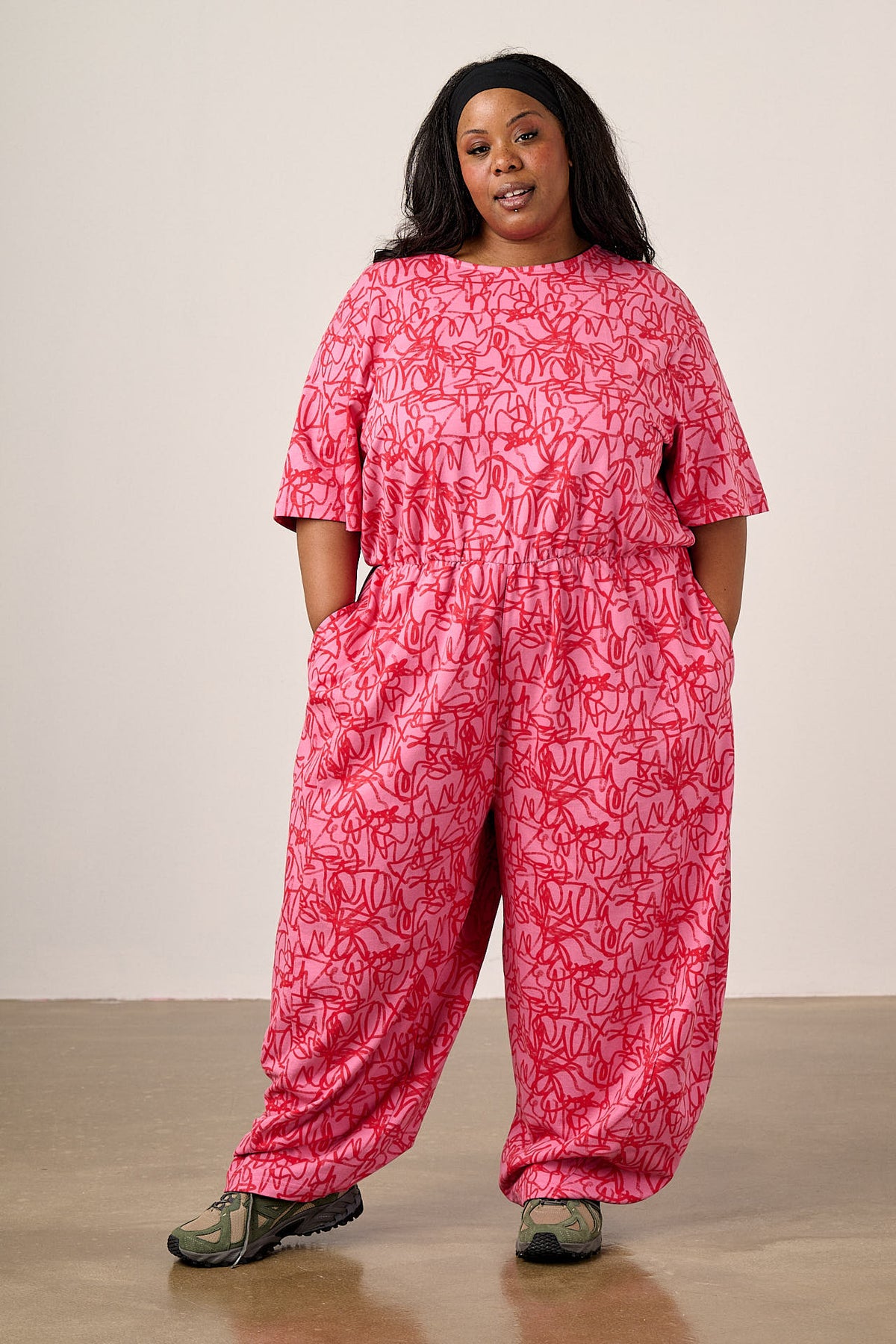 Nova - Barrel Leg Jumpsuit Organic Cotton Jersey in Pink Graffiti