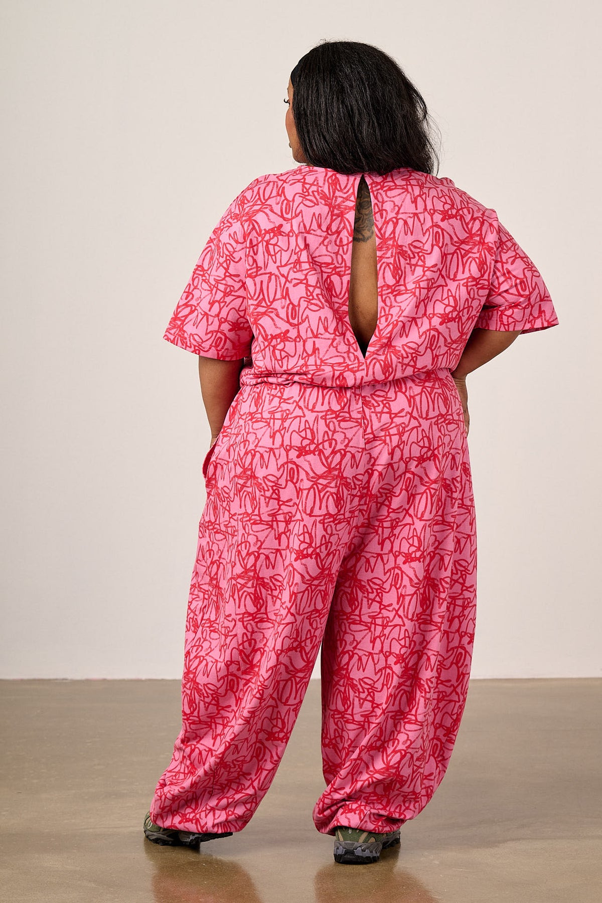 Nova - Barrel Leg Jumpsuit Organic Cotton Jersey in Pink Graffiti