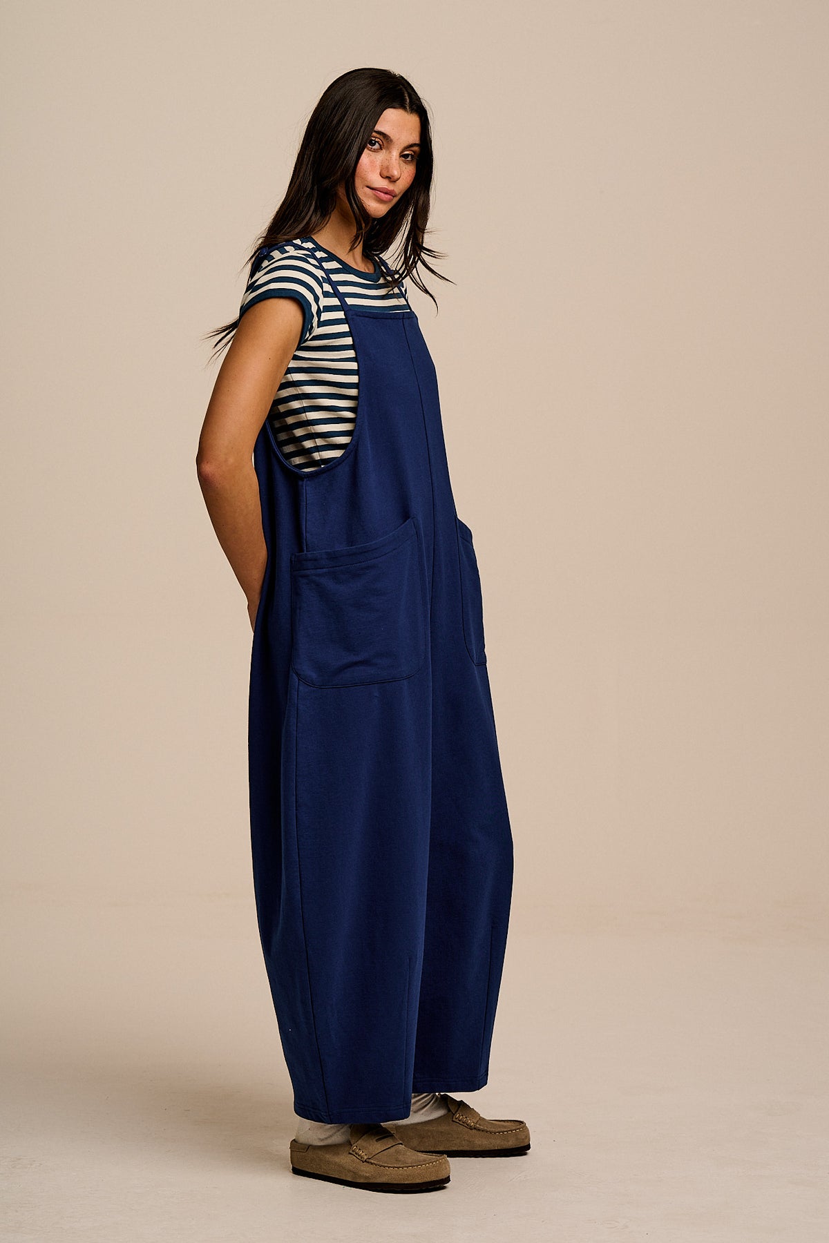 Oaxaca - Barrel Leg Dungarees - Organic Cotton Jersey in Navy