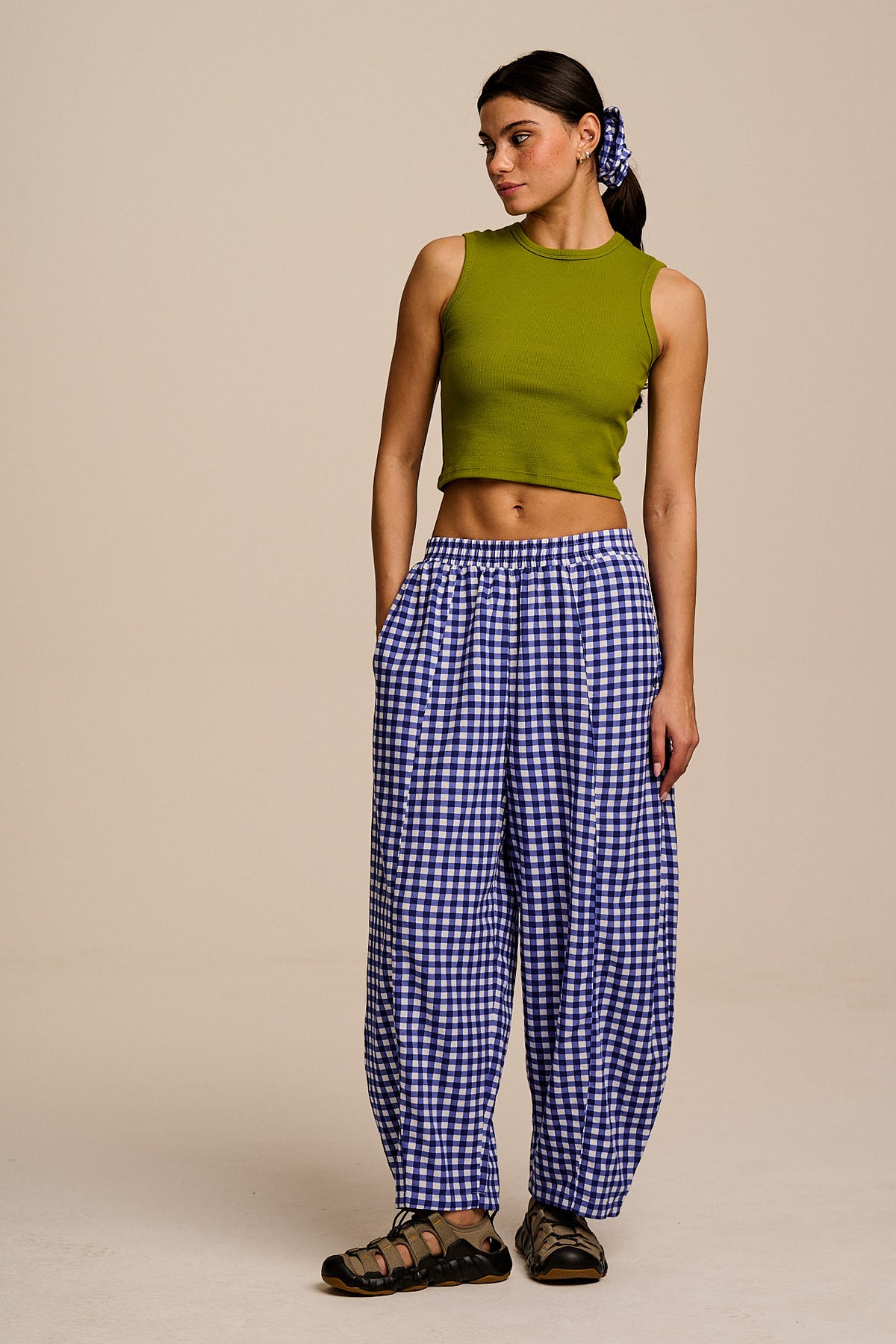 Obregon - Barrel Leg Trousers ECOVERO Viscose Blend in Blue Gingham Check