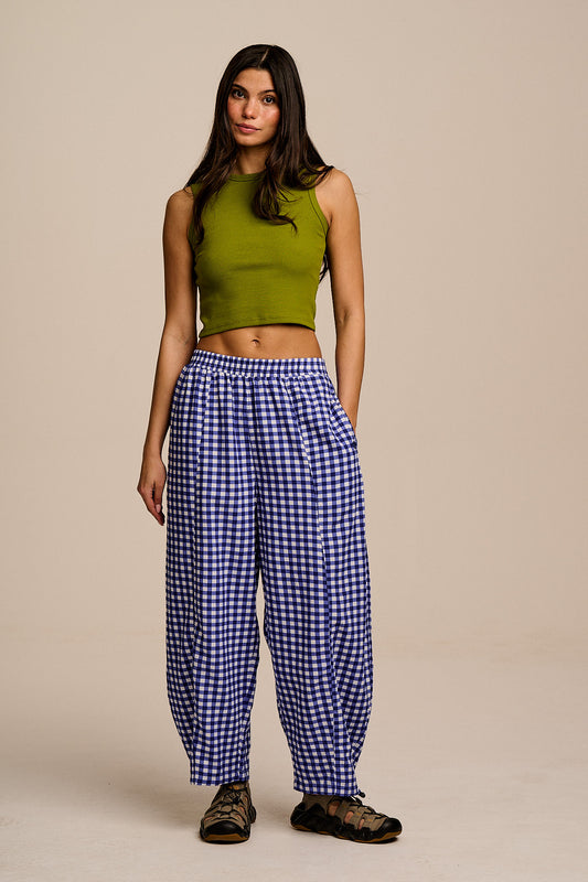 Obregon - Barrel Leg Trousers ECOVERO Viscose Blend in Blue Gingham Check