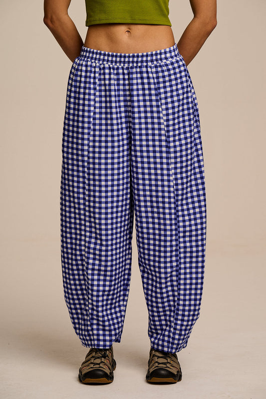 Obregon - Barrel Leg Trousers ECOVERO Viscose Blend in Blue Gingham Check